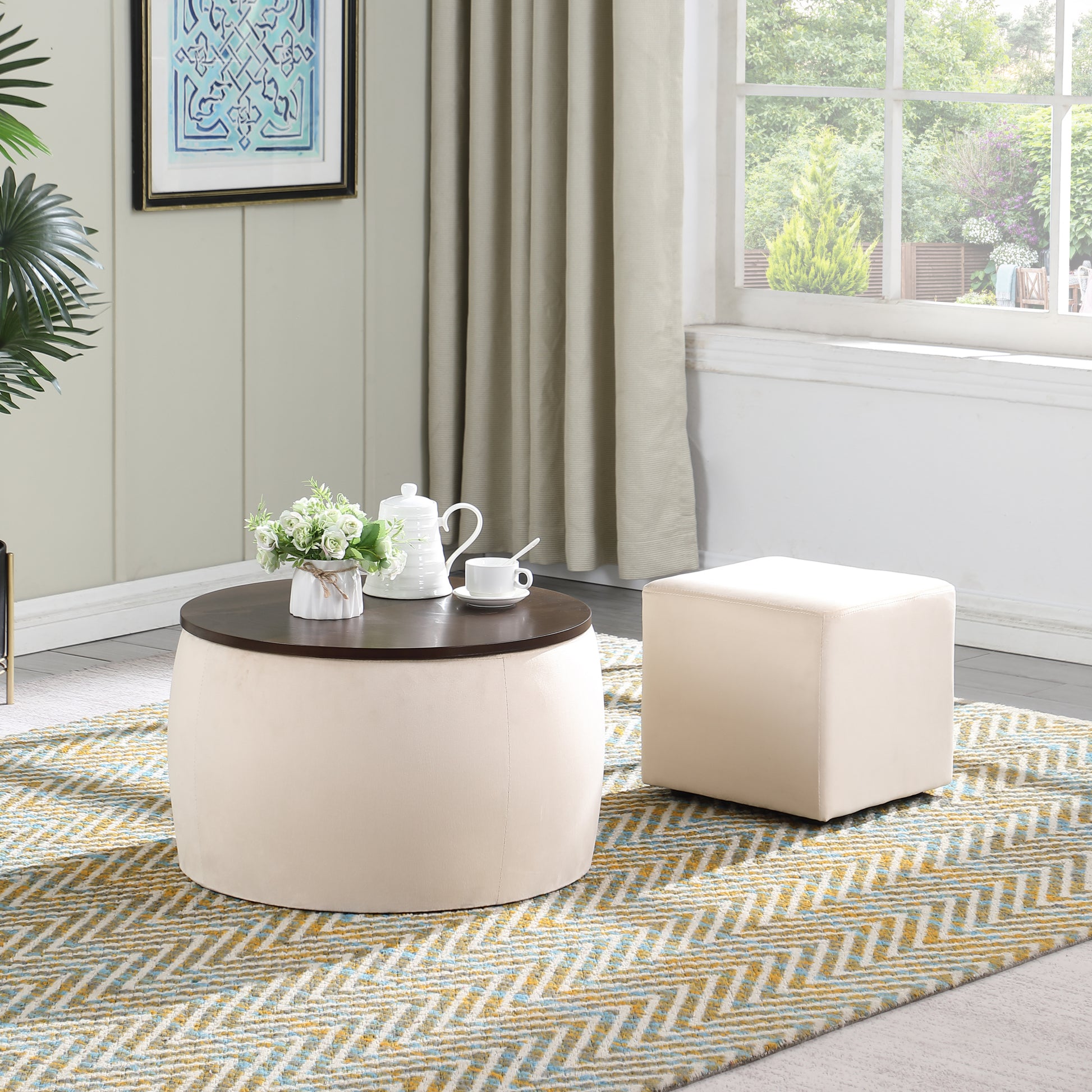 Video Round Ottoman Set with Storage, 2 in 1 beige-velvet