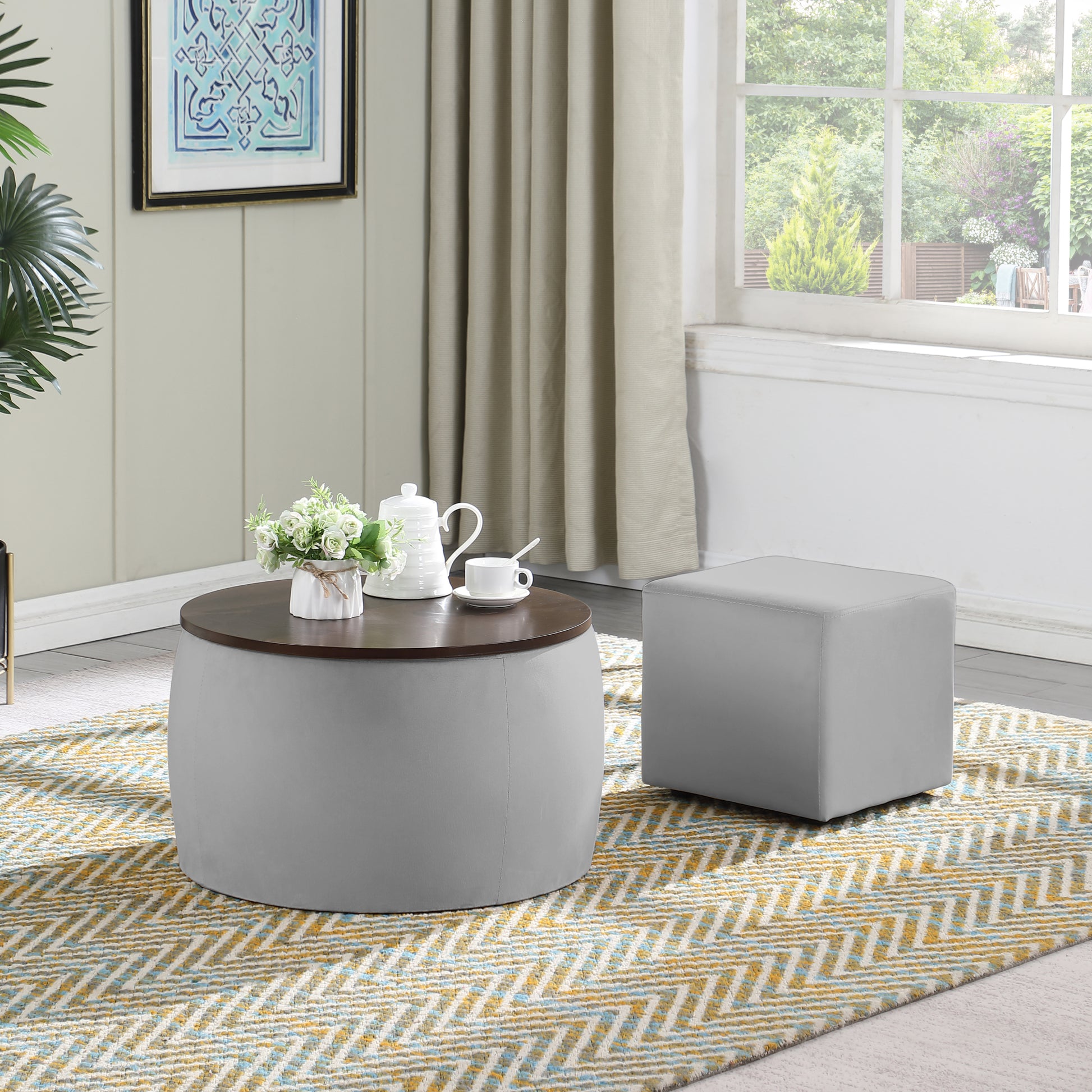 Video Round Ottoman Set with Storage, 2 in 1 gray-velvet