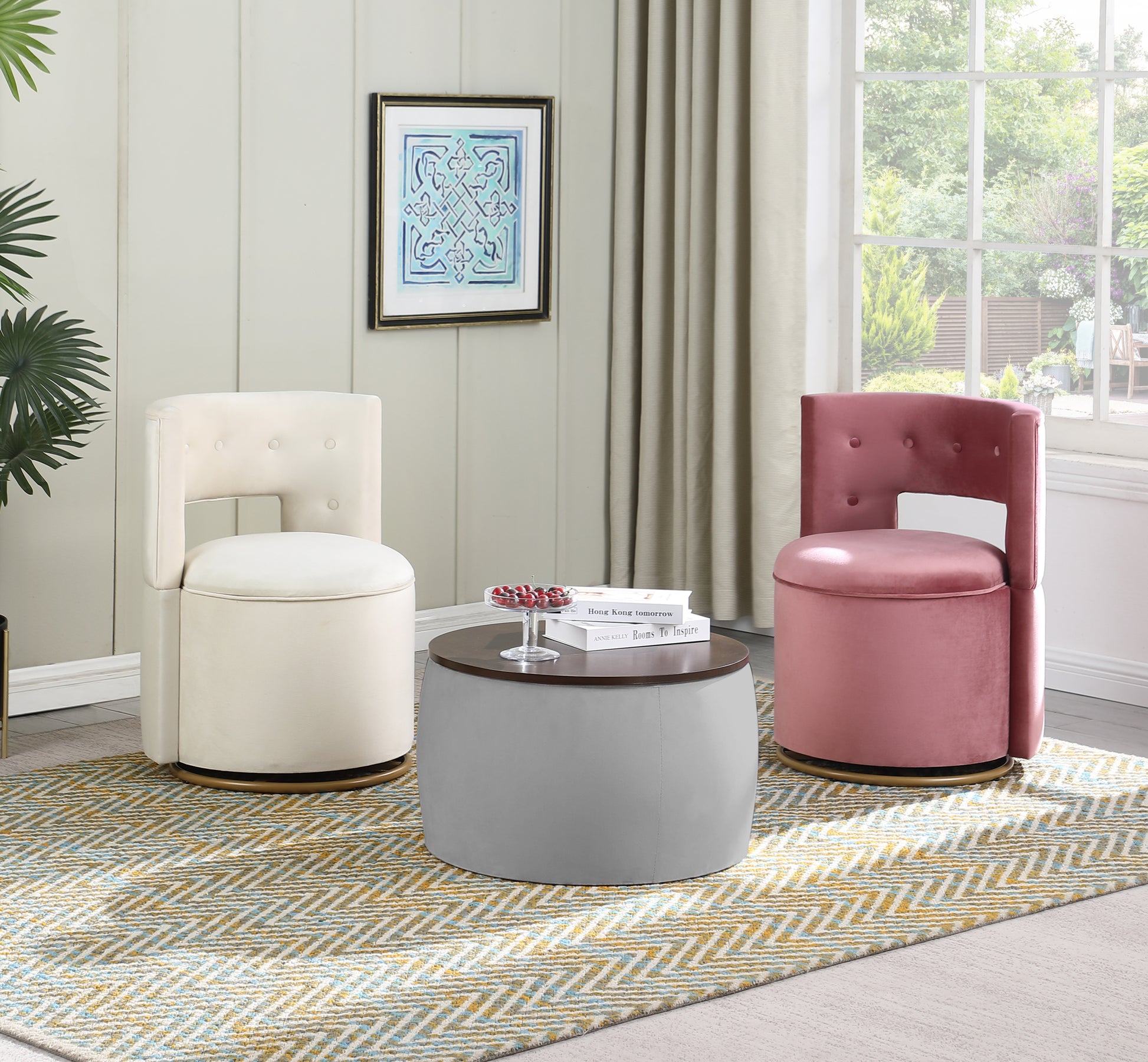 Video Round Ottoman Set with Storage, 2 in 1 gray-velvet