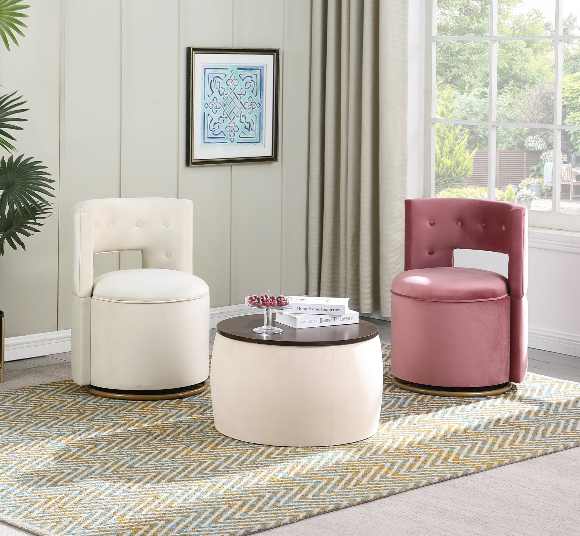 Video Round Ottoman Set with Storage, 2 in 1 beige-velvet