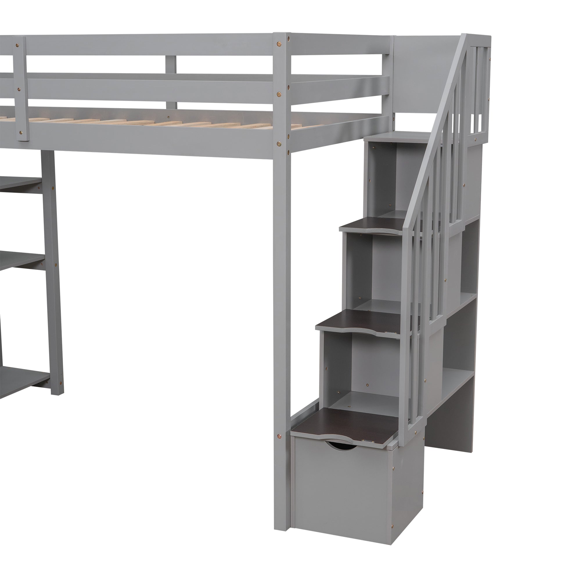 Twin size Loft Bed with Storage Drawers and Stairs gray-solid wood