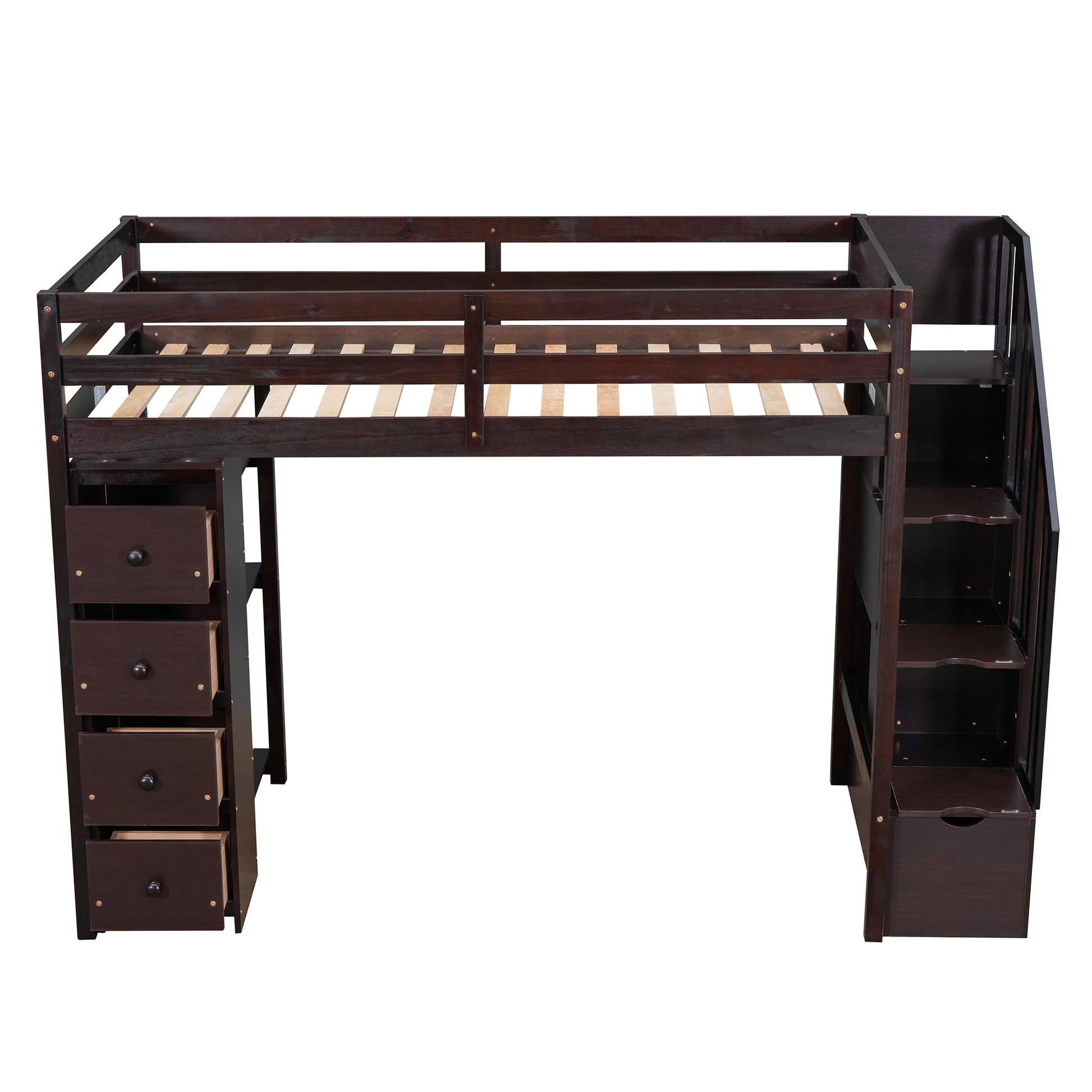 Twin size Loft Bed with Storage Drawers and Stairs espresso-solid wood