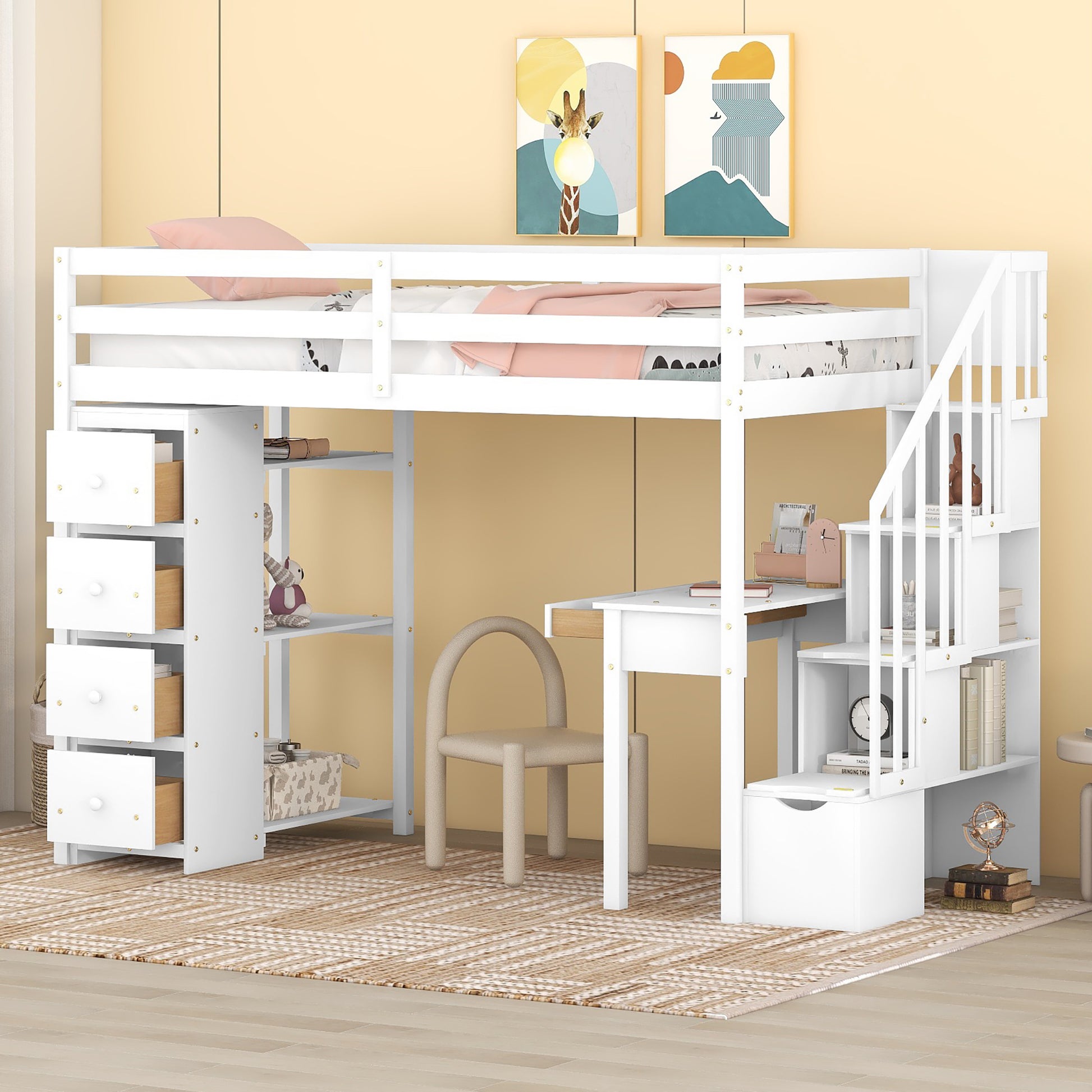 Twin size Loft Bed with Storage Drawers ,Desk and white-solid wood