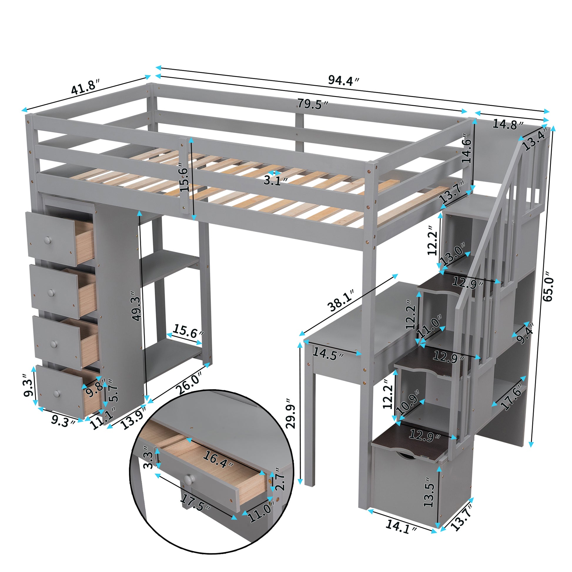 Twin size Loft Bed with Storage Drawers ,Desk and gray-solid wood