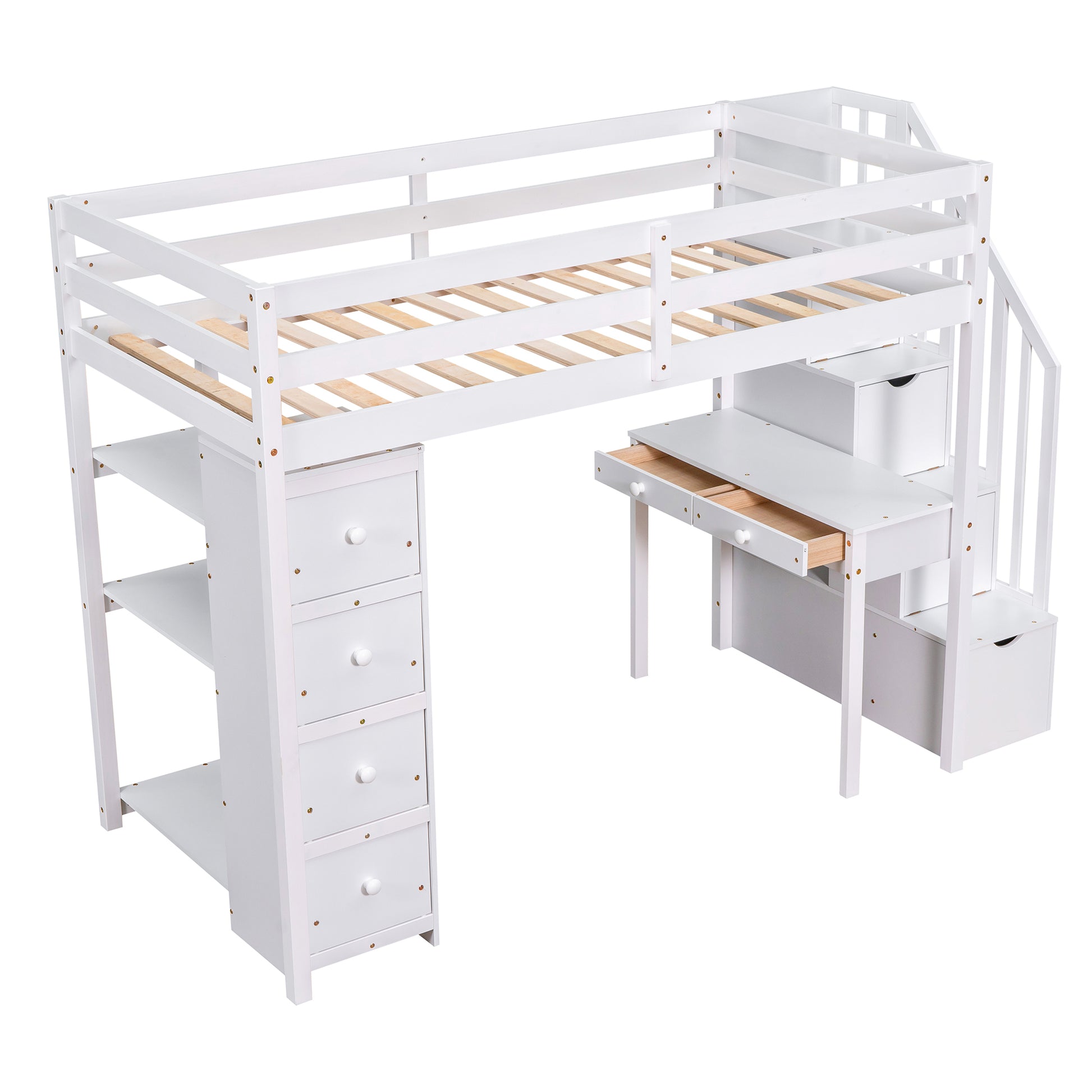 Twin size Loft Bed with Storage Drawers ,Desk and white-solid wood