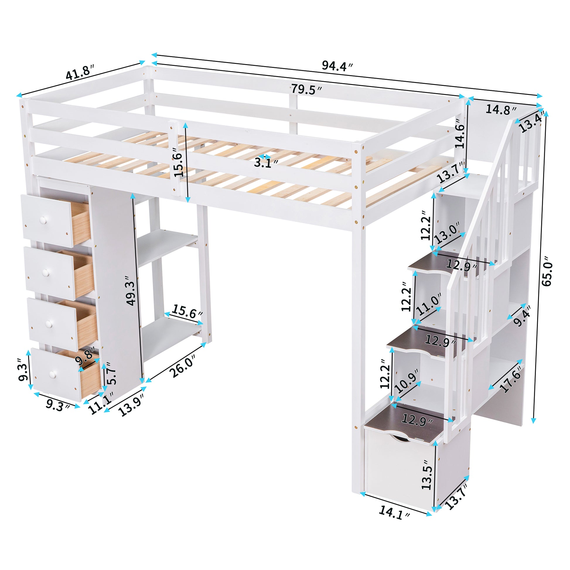 Twin size Loft Bed with Storage Drawers and Stairs white-solid wood