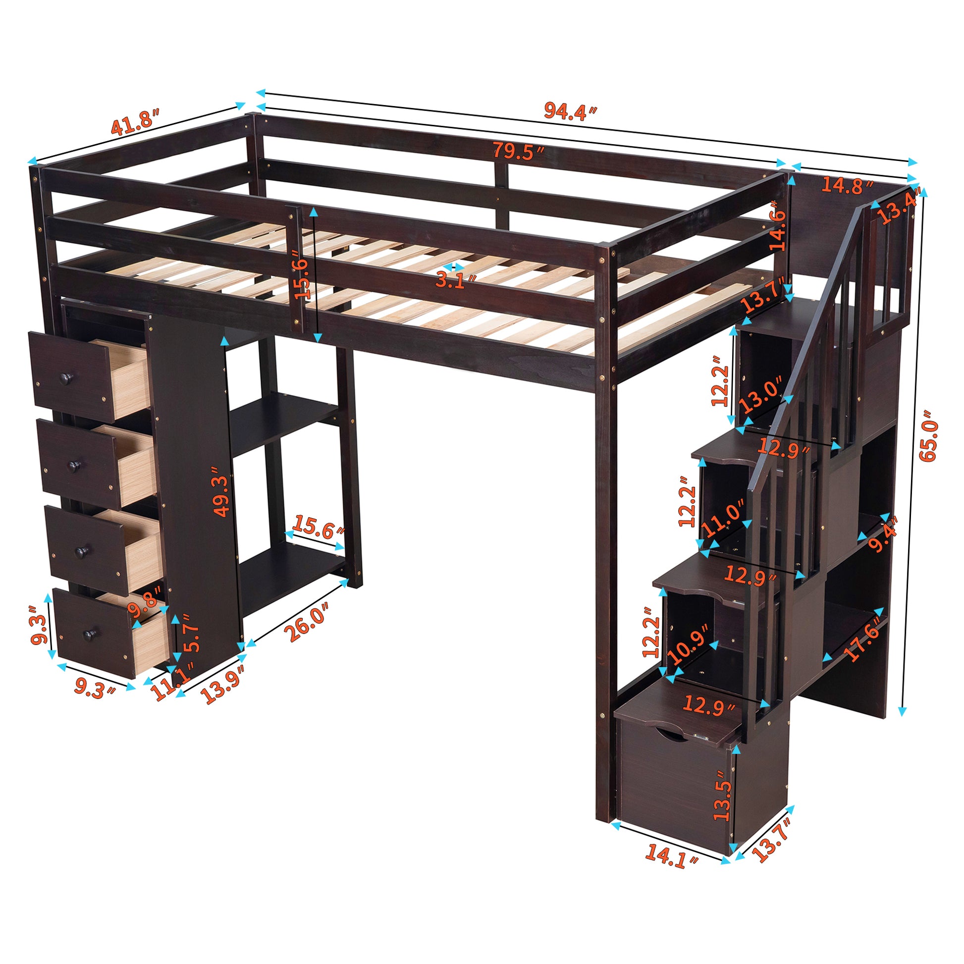 Twin size Loft Bed with Storage Drawers and Stairs espresso-solid wood