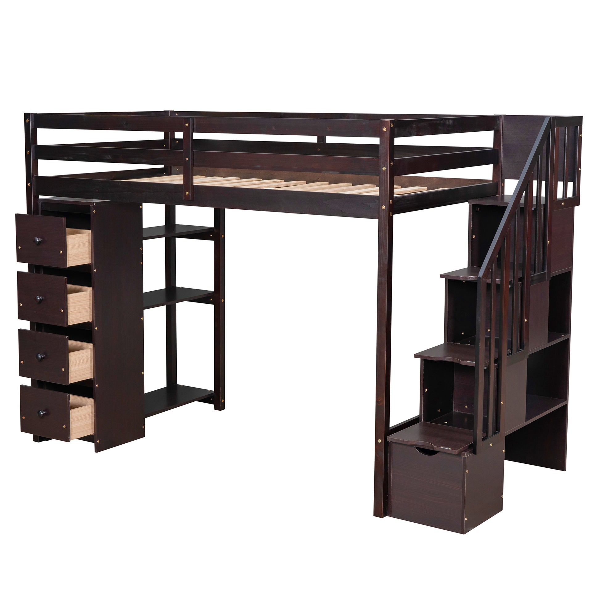 Twin size Loft Bed with Storage Drawers and Stairs espresso-solid wood