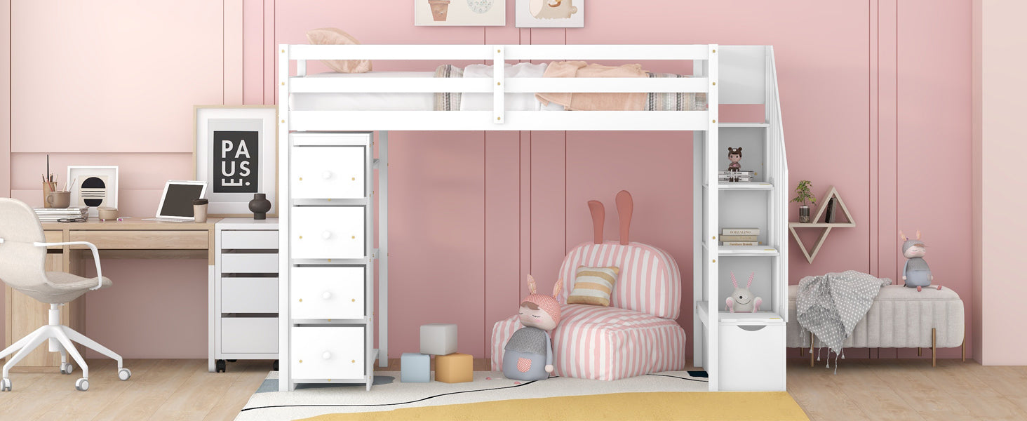 Twin size Loft Bed with Storage Drawers and Stairs white-solid wood