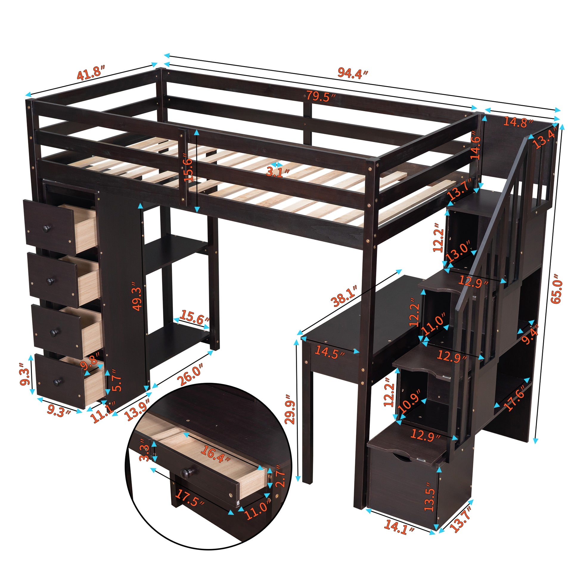 Twin size Loft Bed with Storage Drawers ,Desk and espresso-solid wood