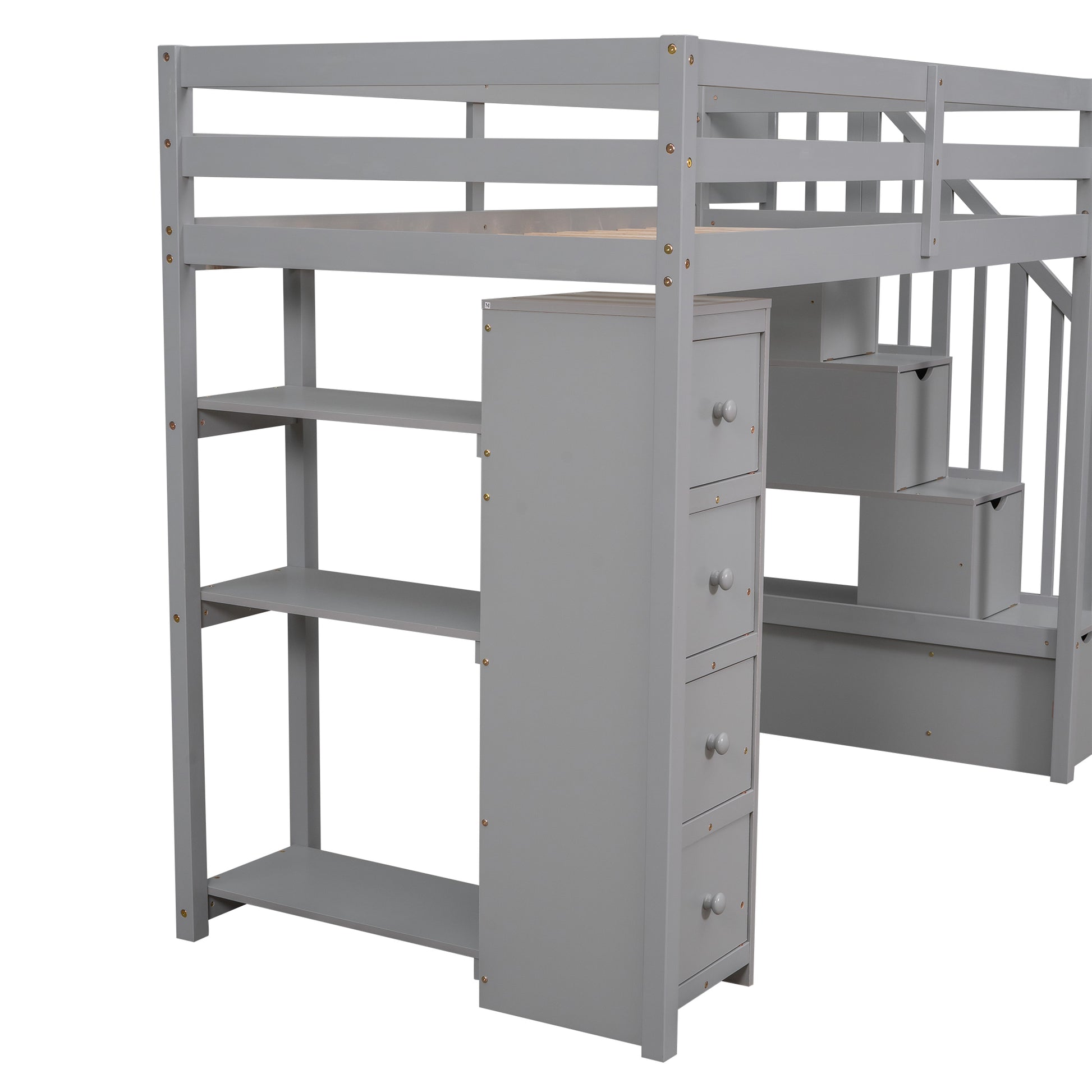 Twin size Loft Bed with Storage Drawers and Stairs gray-solid wood