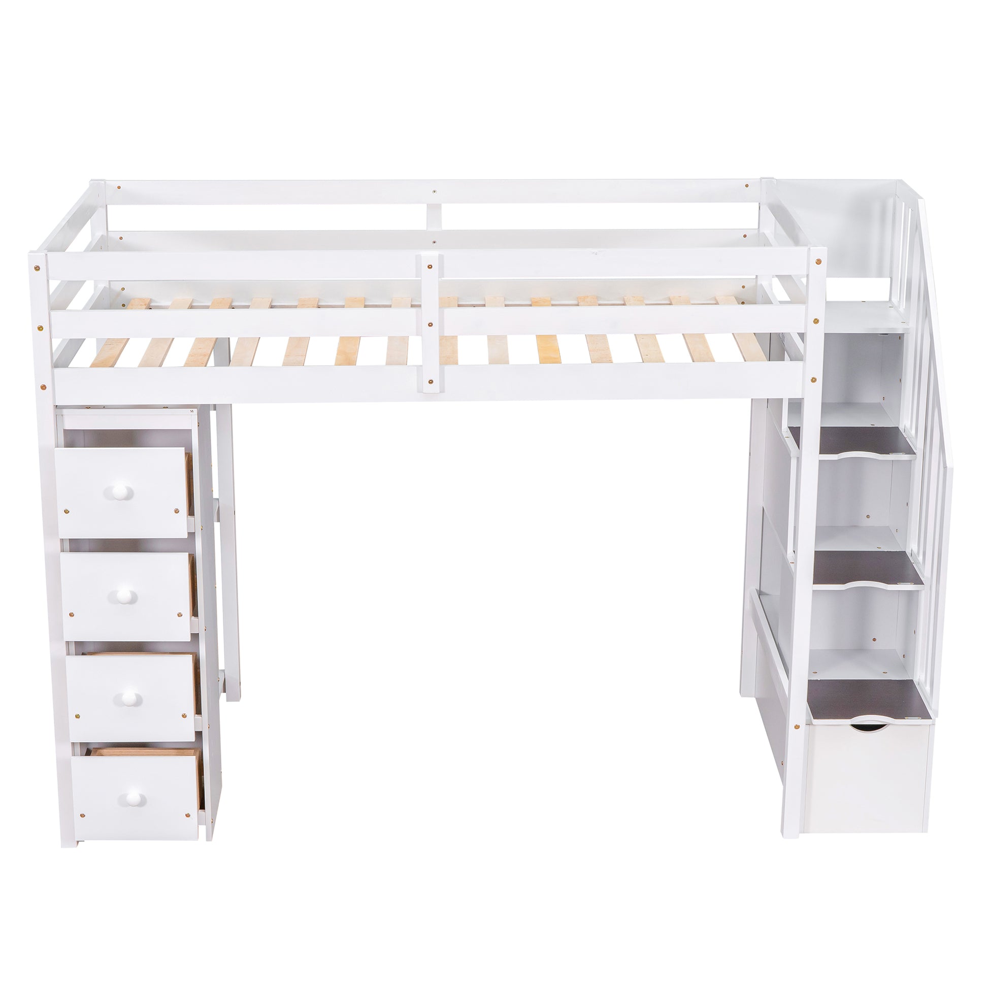 Twin size Loft Bed with Storage Drawers and Stairs white-solid wood