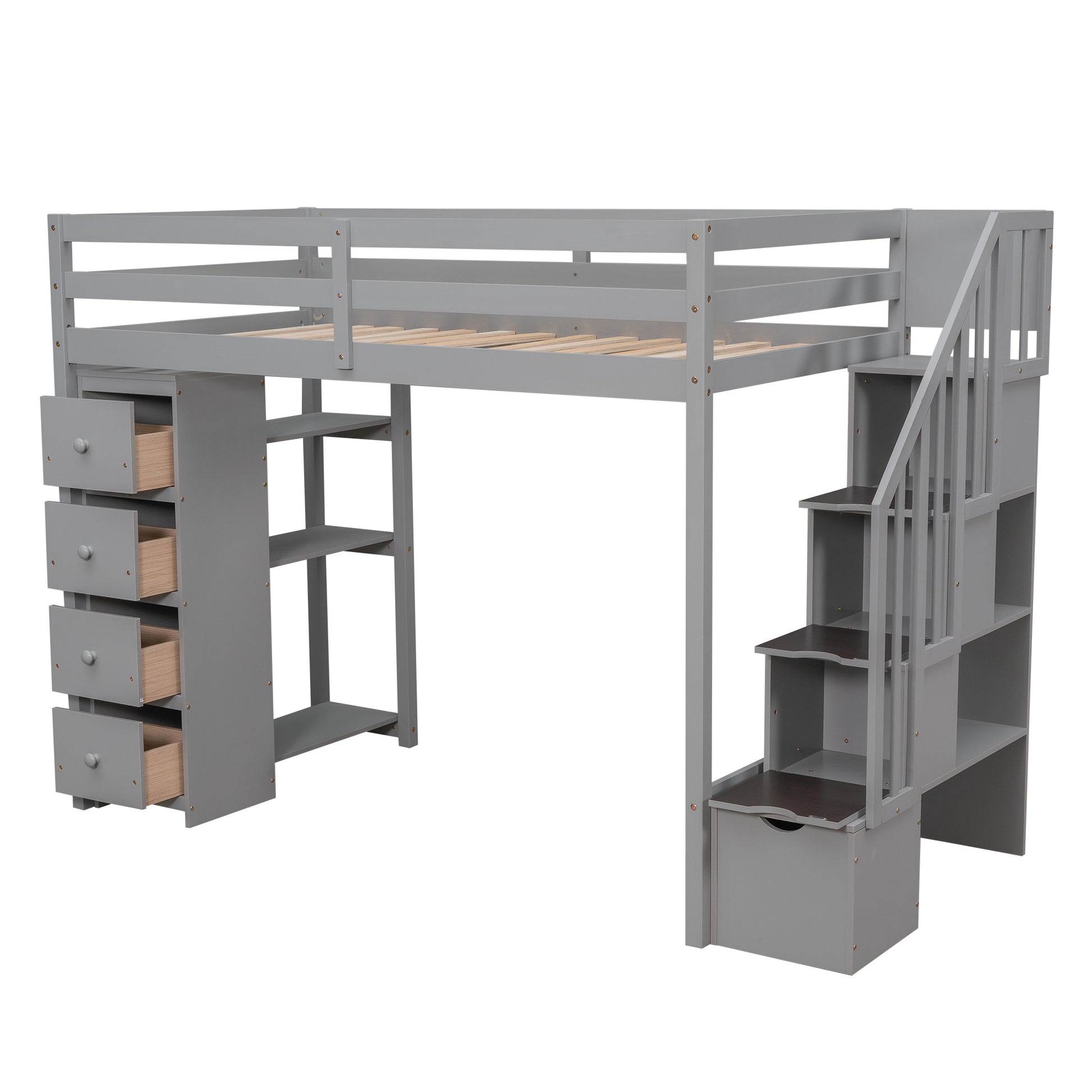 Twin size Loft Bed with Storage Drawers and Stairs gray-solid wood