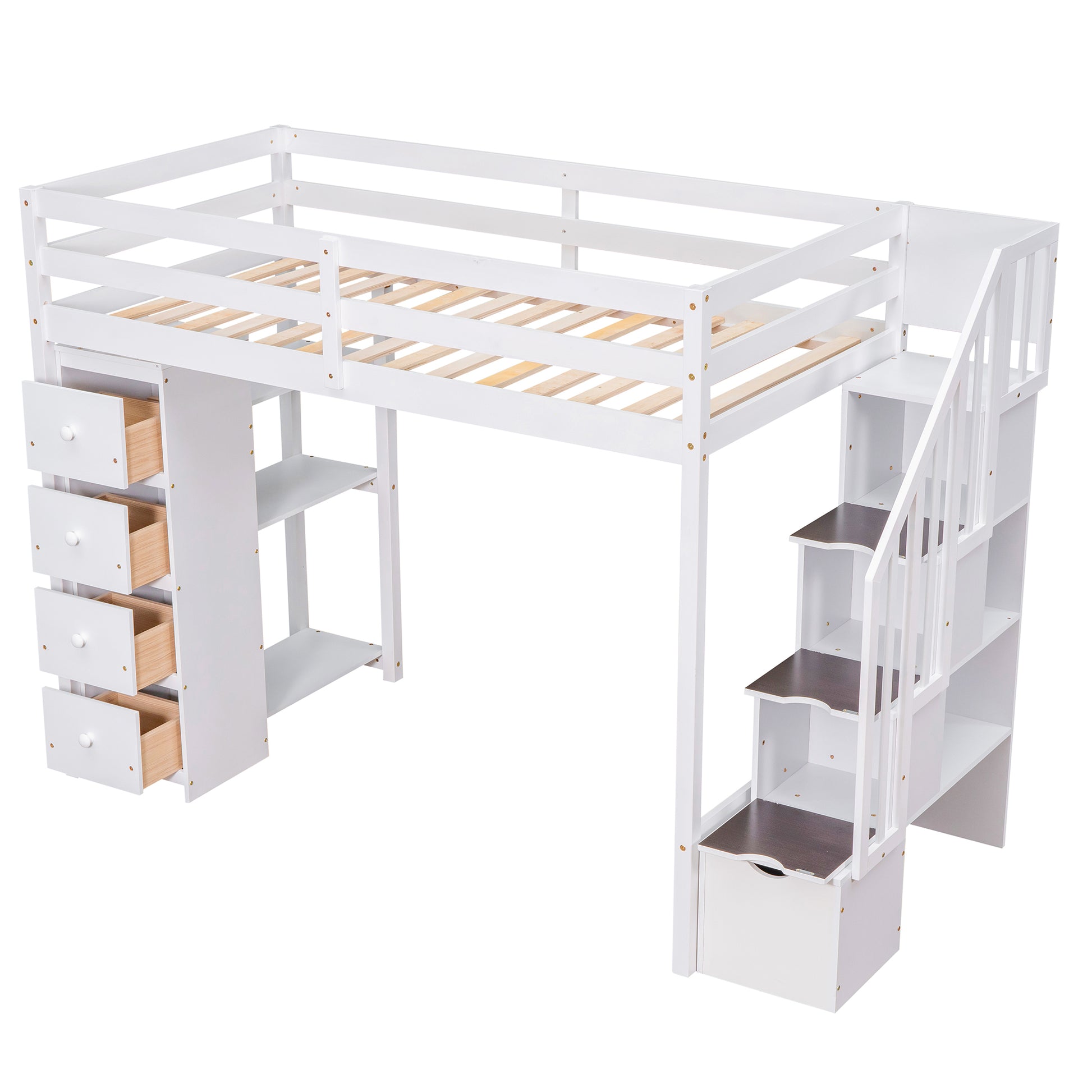 Twin size Loft Bed with Storage Drawers and Stairs white-solid wood