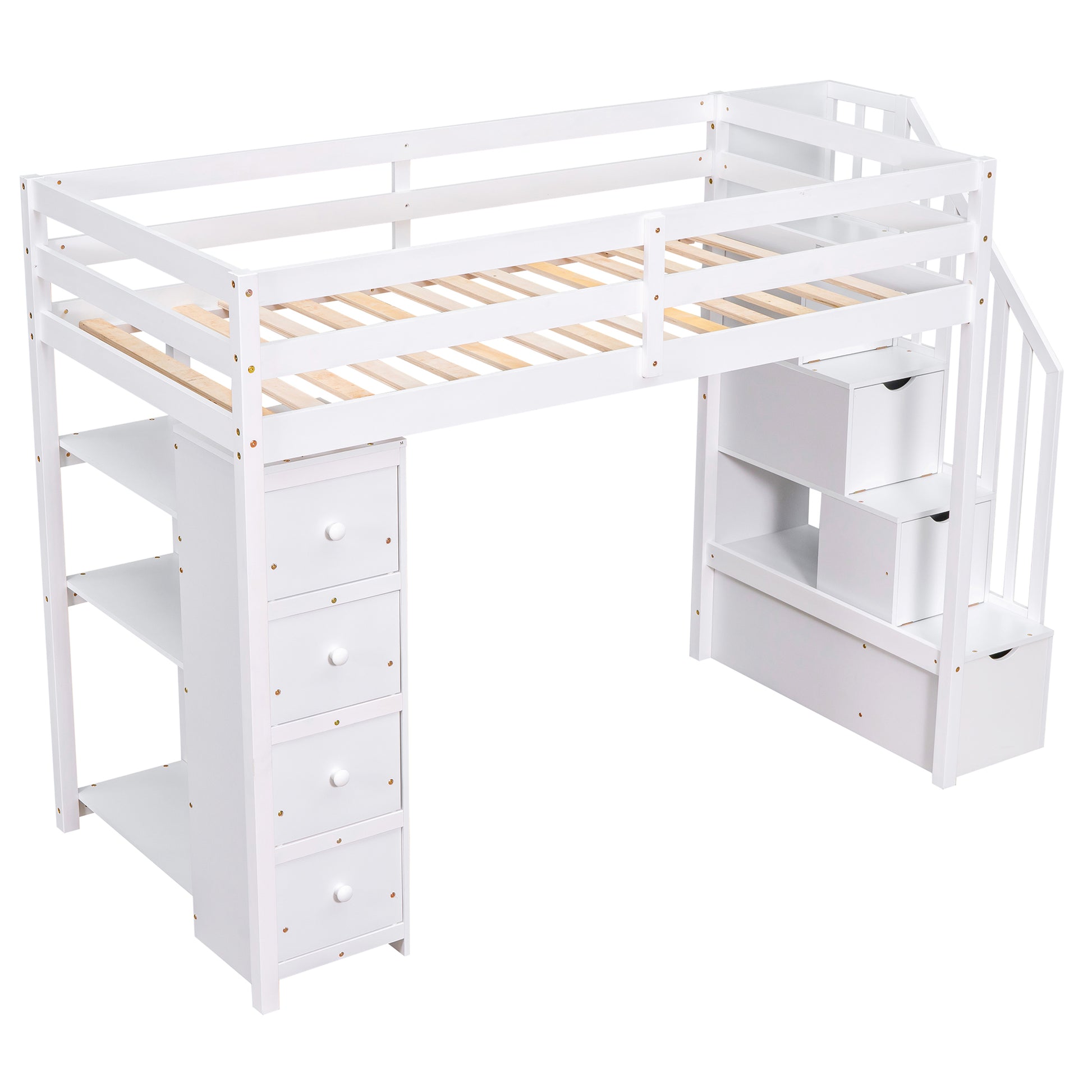 Twin size Loft Bed with Storage Drawers and Stairs white-solid wood