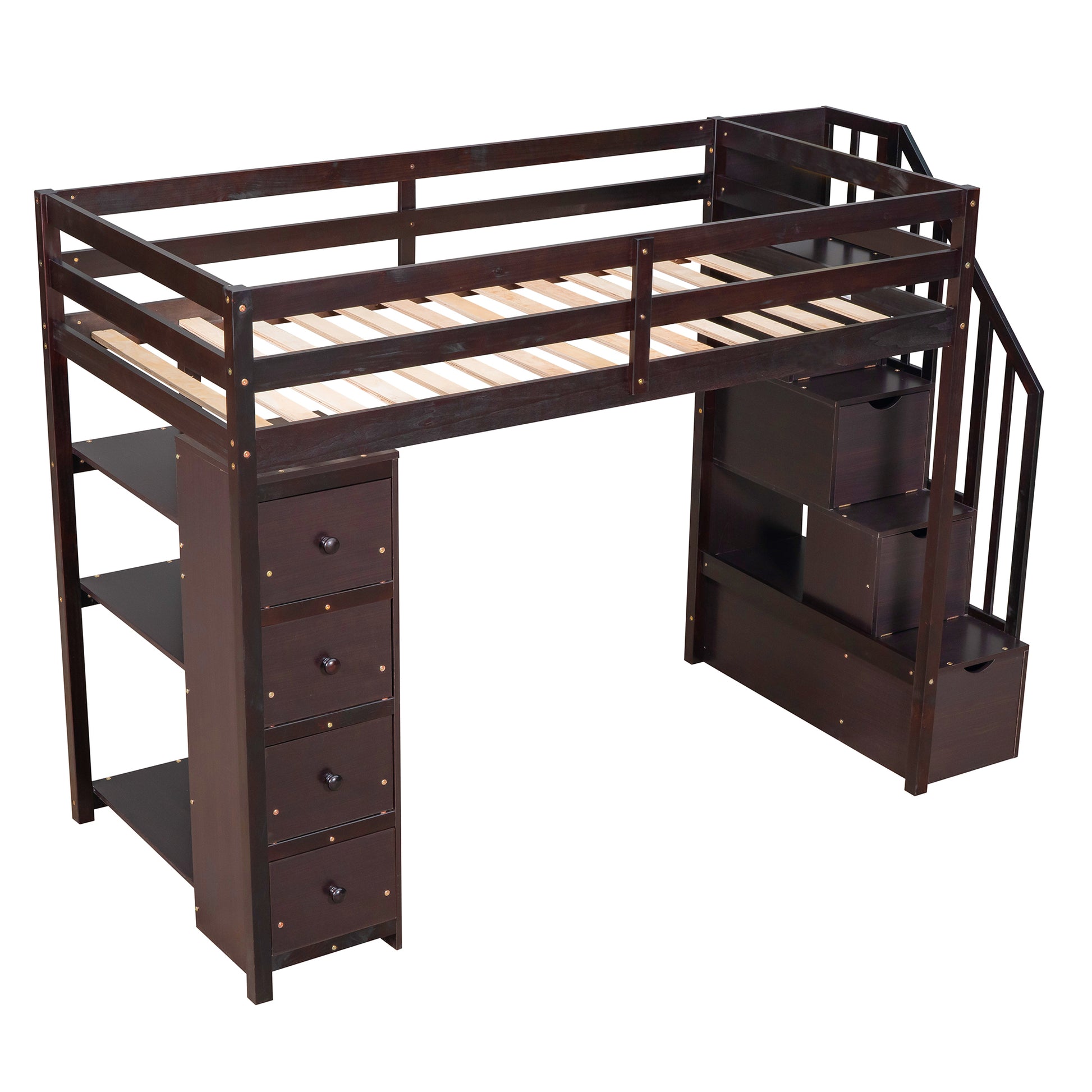 Twin size Loft Bed with Storage Drawers and Stairs espresso-solid wood