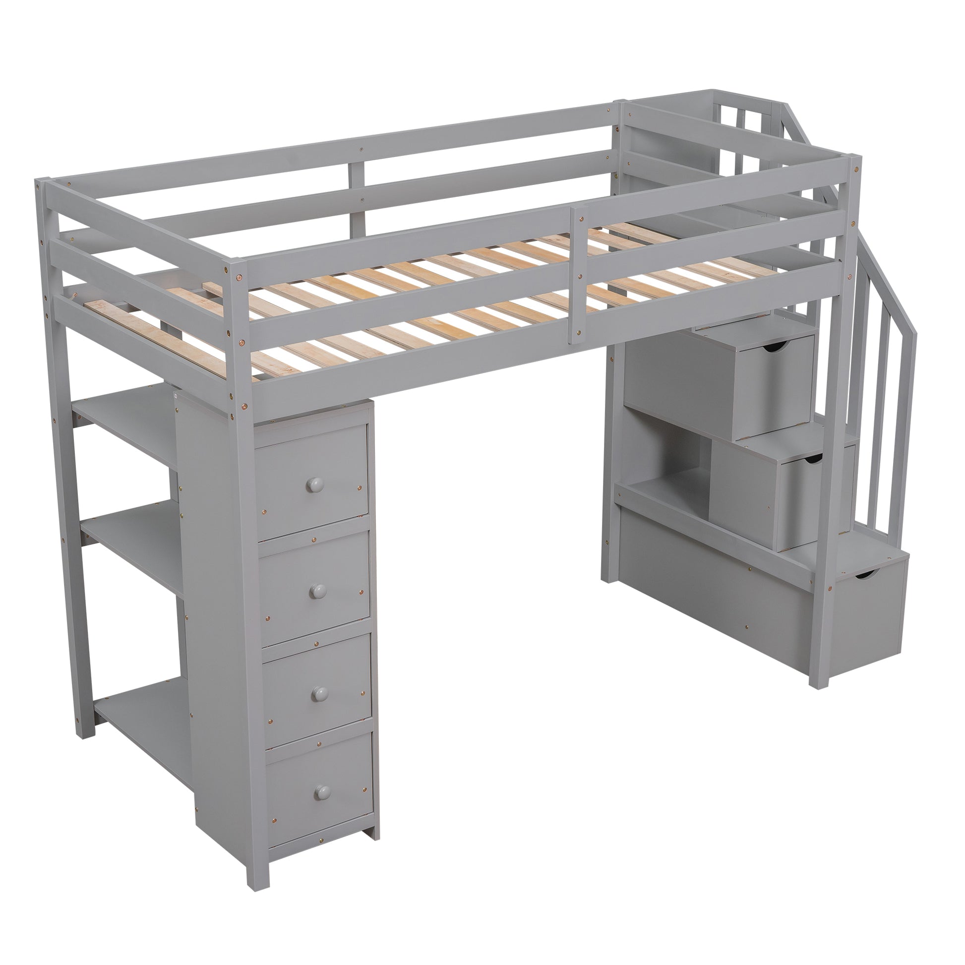 Twin size Loft Bed with Storage Drawers and Stairs gray-solid wood