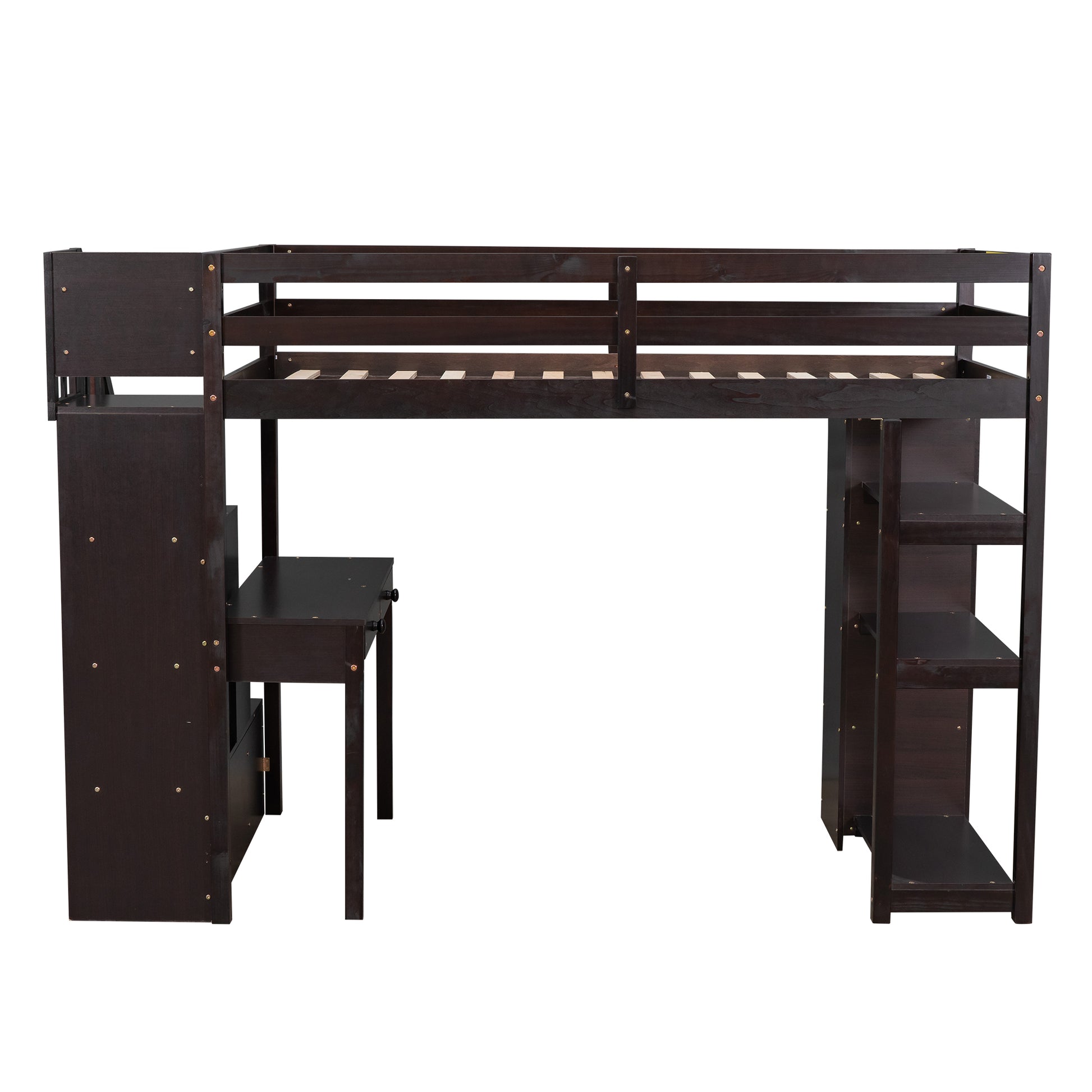 Twin size Loft Bed with Storage Drawers ,Desk and espresso-solid wood