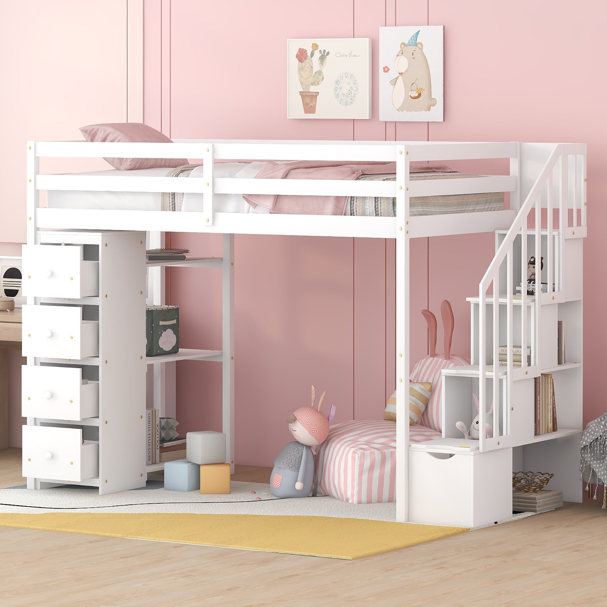 Twin size Loft Bed with Storage Drawers and Stairs white-solid wood