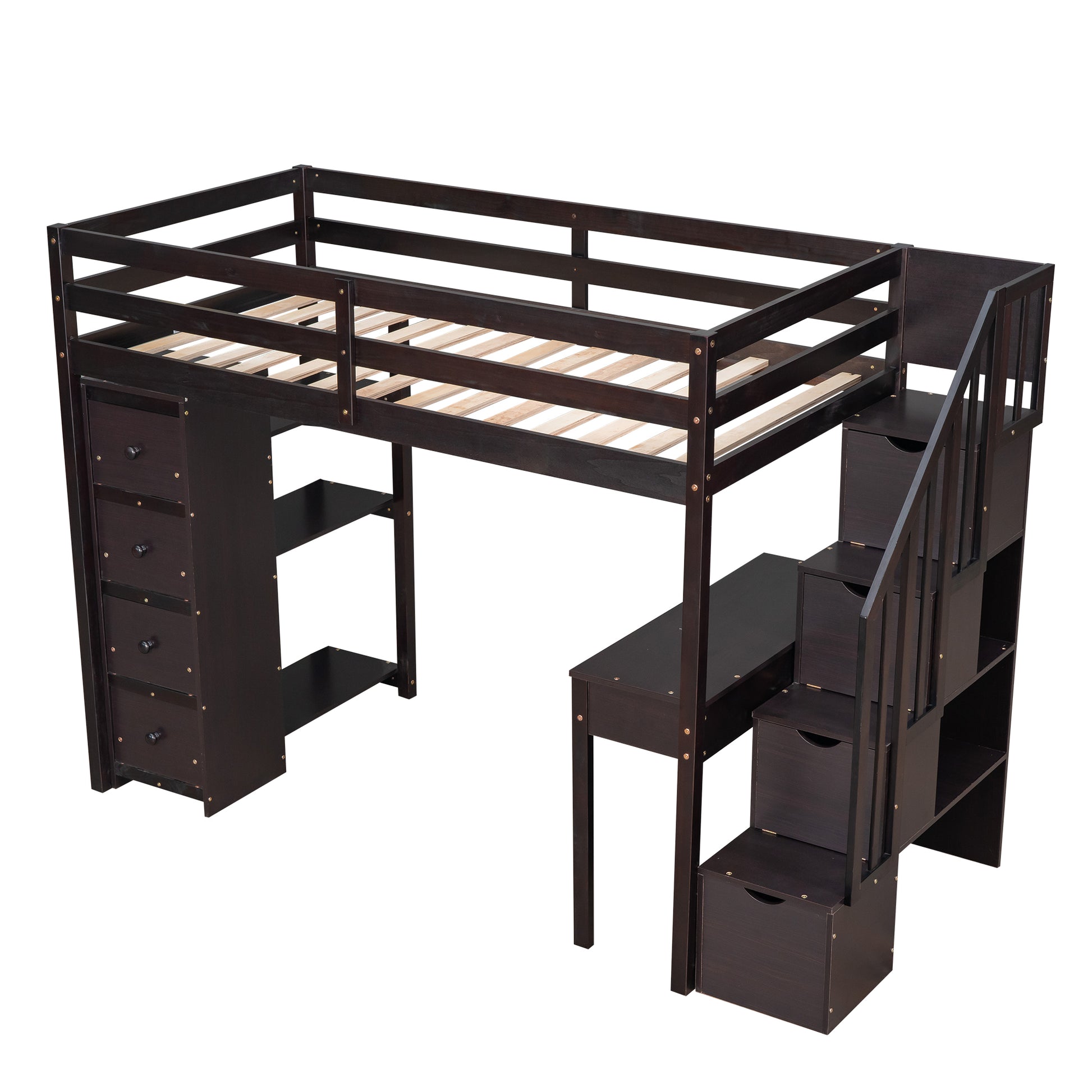 Twin size Loft Bed with Storage Drawers ,Desk and espresso-solid wood