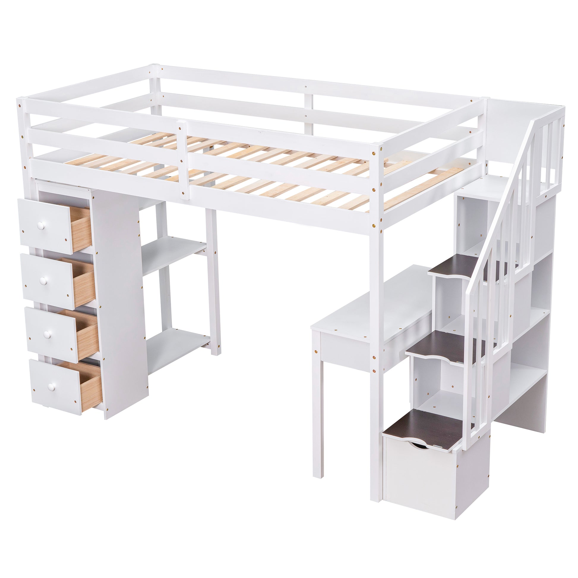 Twin size Loft Bed with Storage Drawers ,Desk and white-solid wood