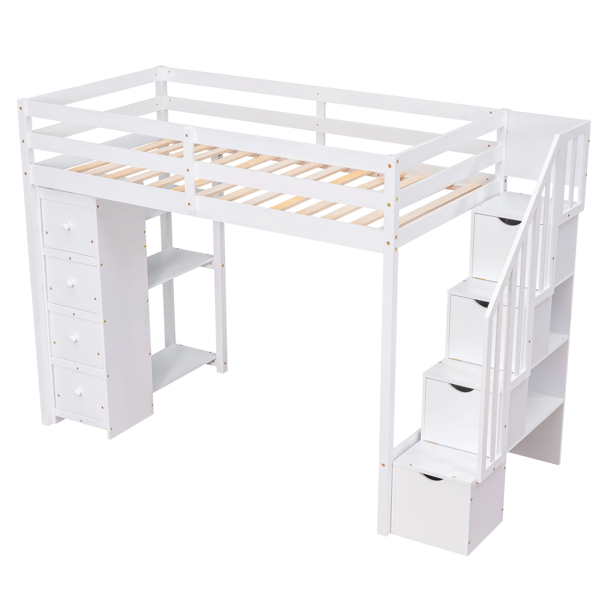 Twin size Loft Bed with Storage Drawers and Stairs white-solid wood