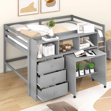 Full Size Low Loft Bed With Rolling Portable Desk