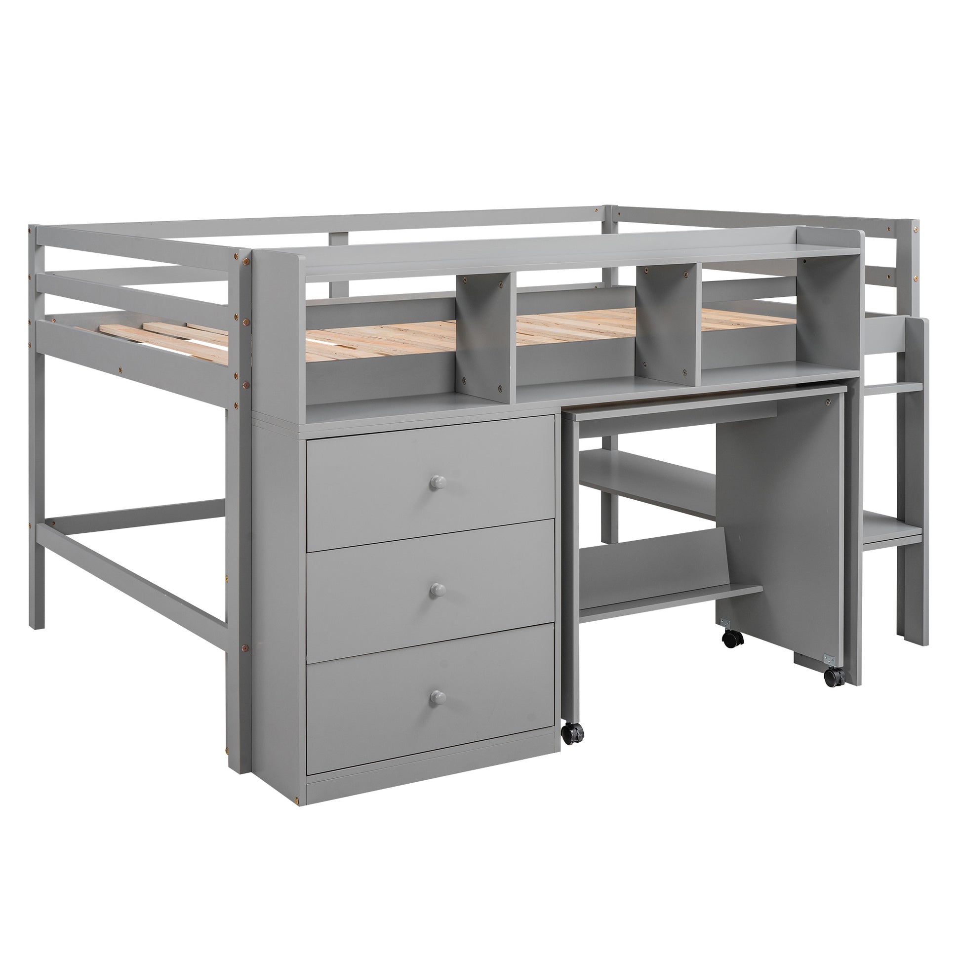 Full Size Low Loft Bed With Rolling Portable Desk