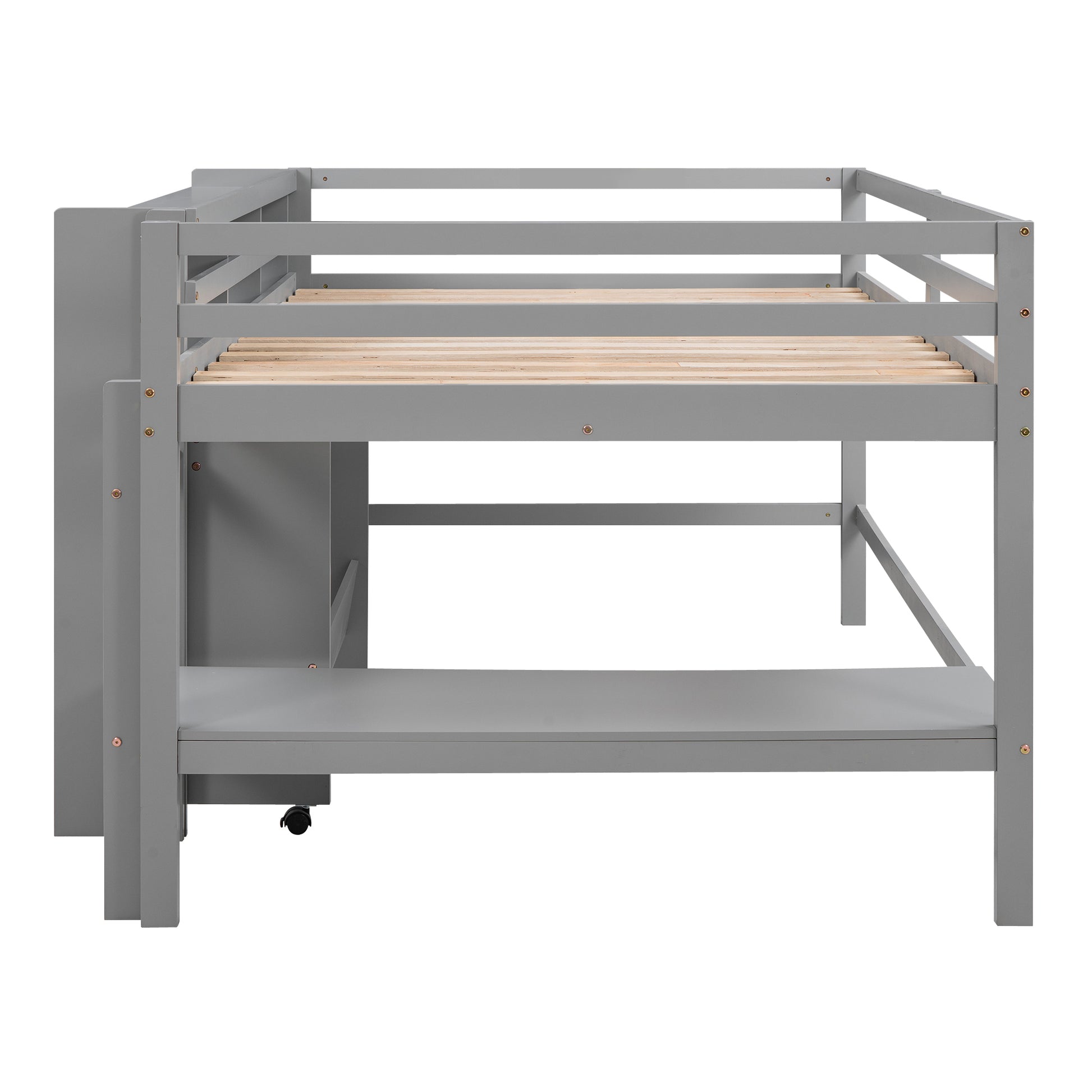 Full Size Low Loft Bed With Rolling Portable Desk