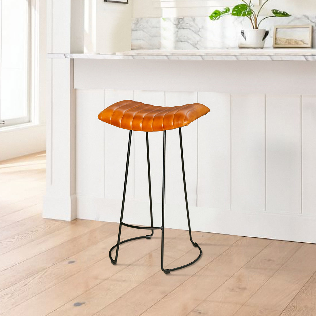 Industrial Barstool With Curved Genuine Leather