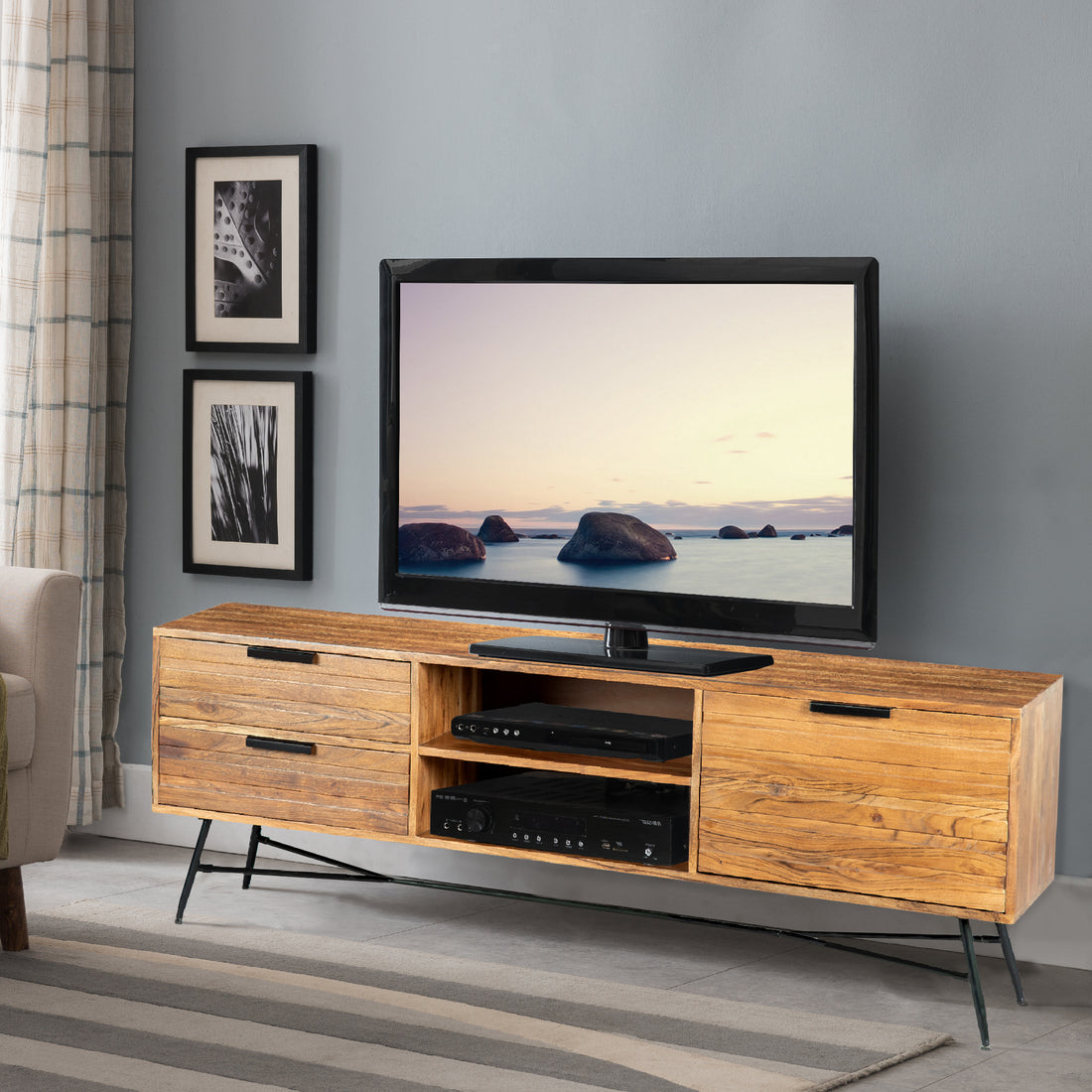 Roomy Wooden Media Console with Slanted Metal