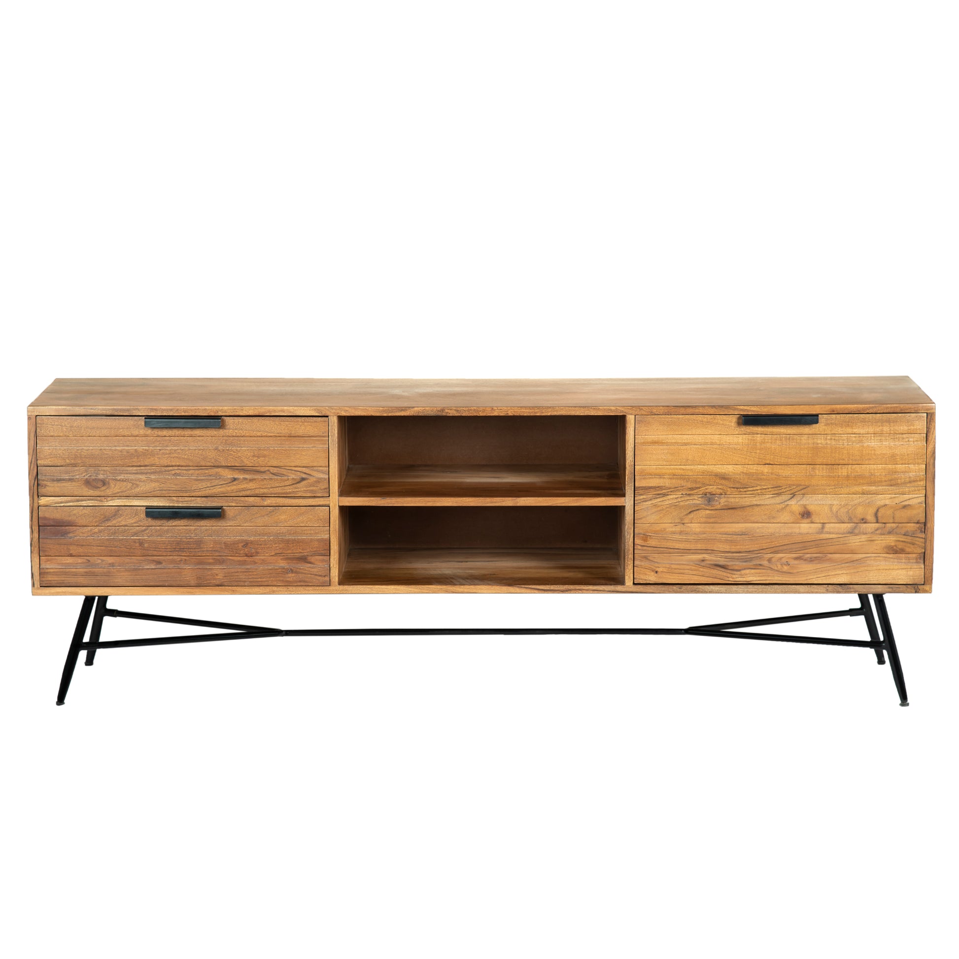 Roomy Wooden Media Console with Slanted Metal