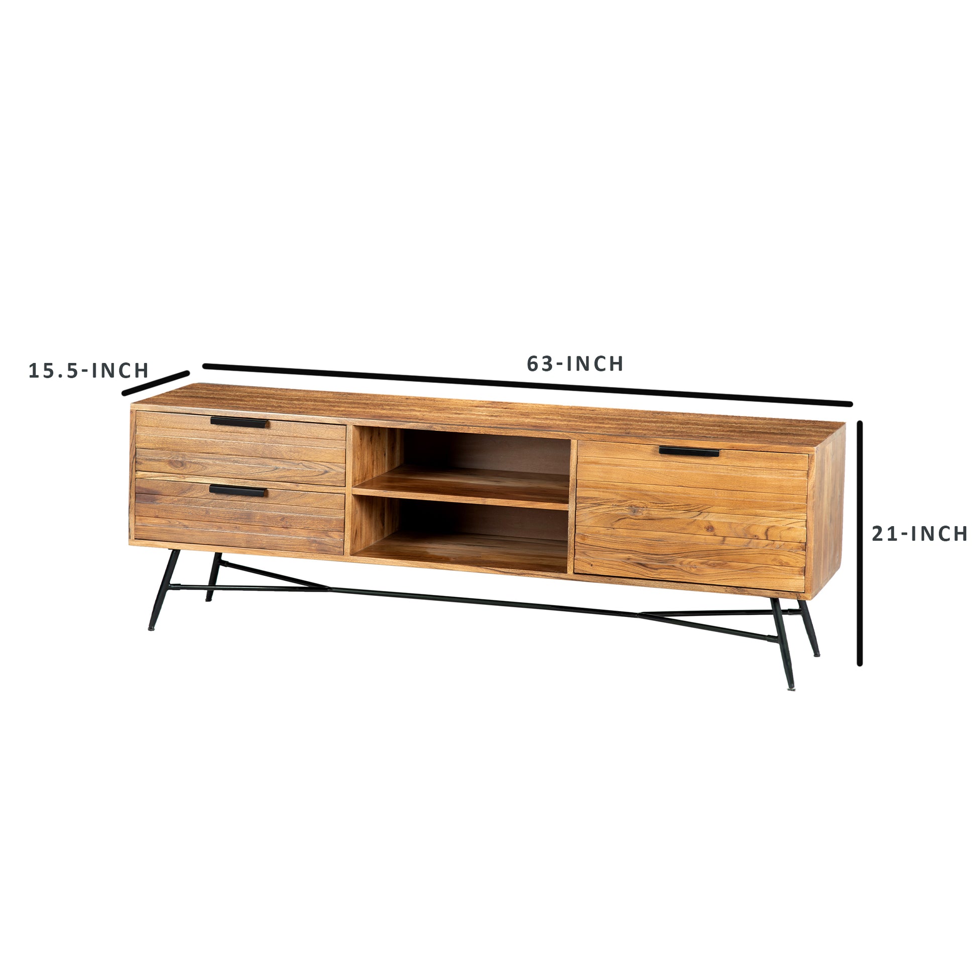 Roomy Wooden Media Console with Slanted Metal