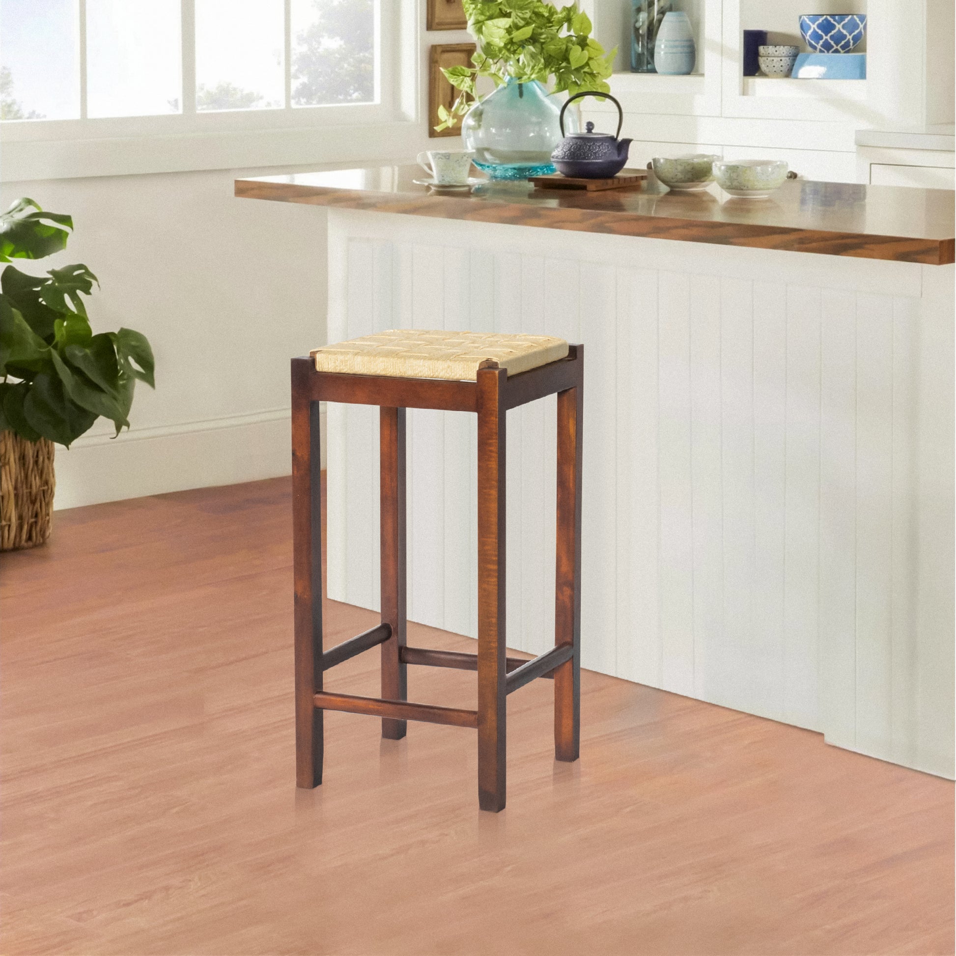 Mango Wood Barstool with Rope Weaved Seat, Brown