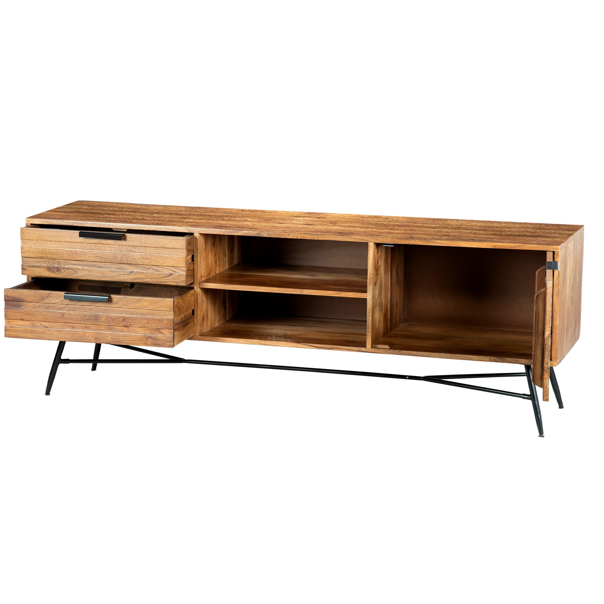 Roomy Wooden Media Console with Slanted Metal