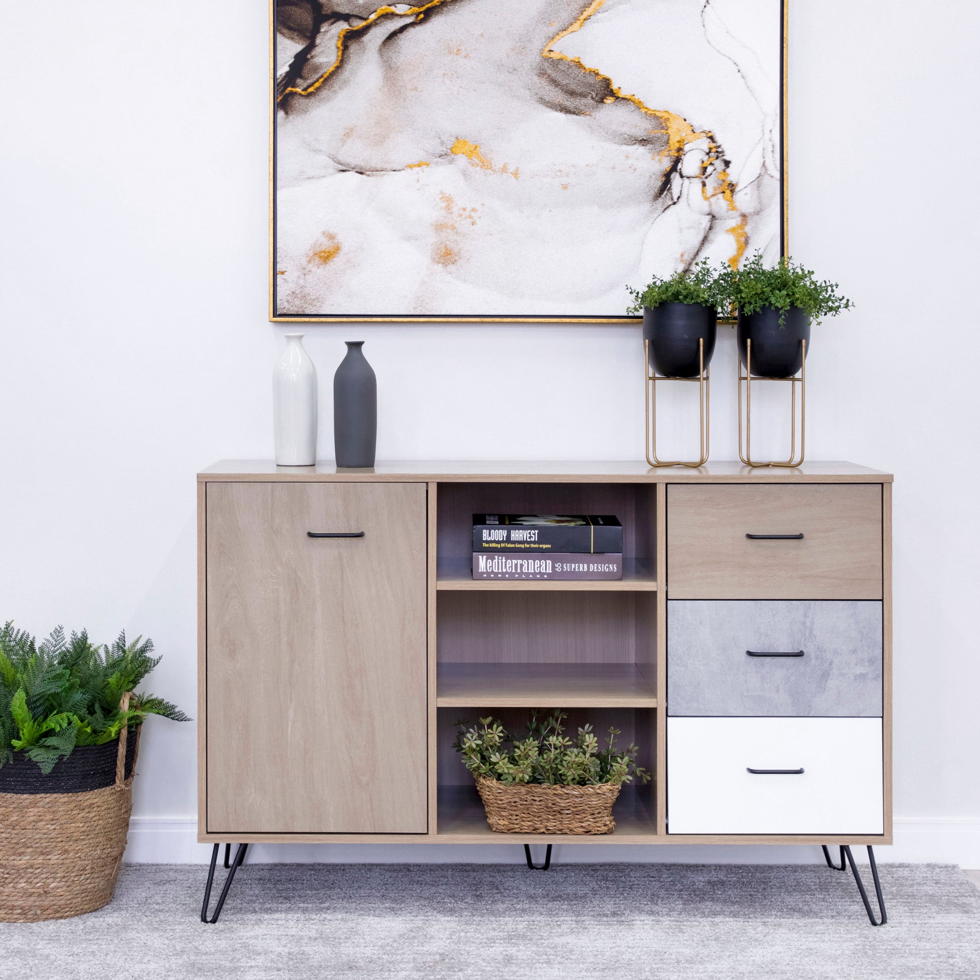 49 Inch Sideboard Buffet Console Cabinet with 3 brown-solid wood