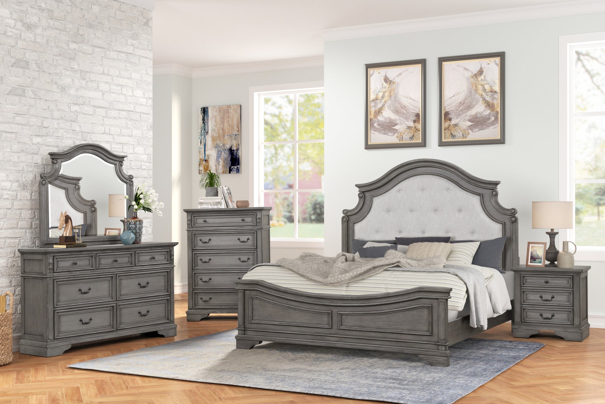 Grace Traditional Style Queen 5 Pc Bedroom Set Made box spring required-queen-gray-wood-5 piece