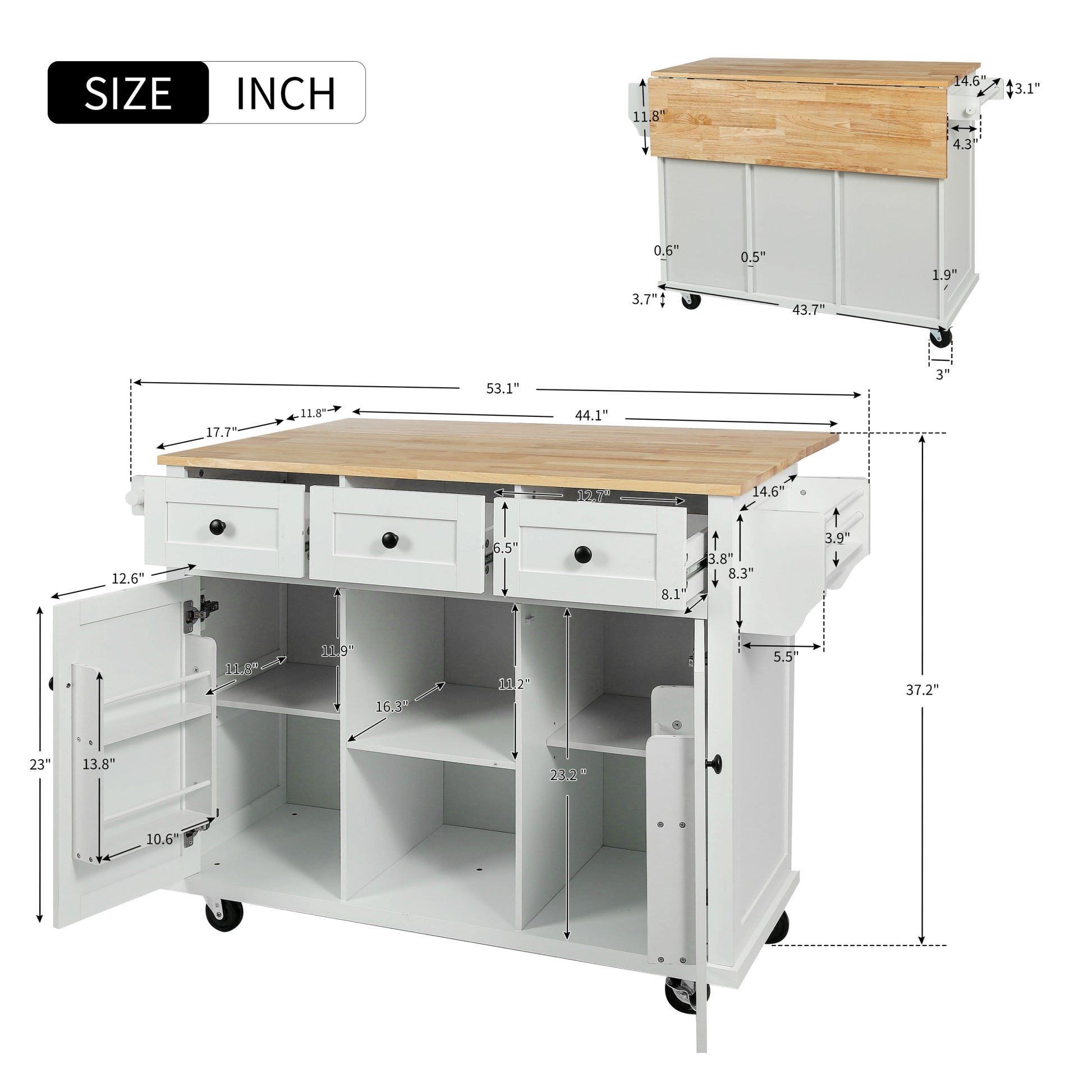 Kitchen Cart with Rubber wood Drop Leaf Countertop white-mdf