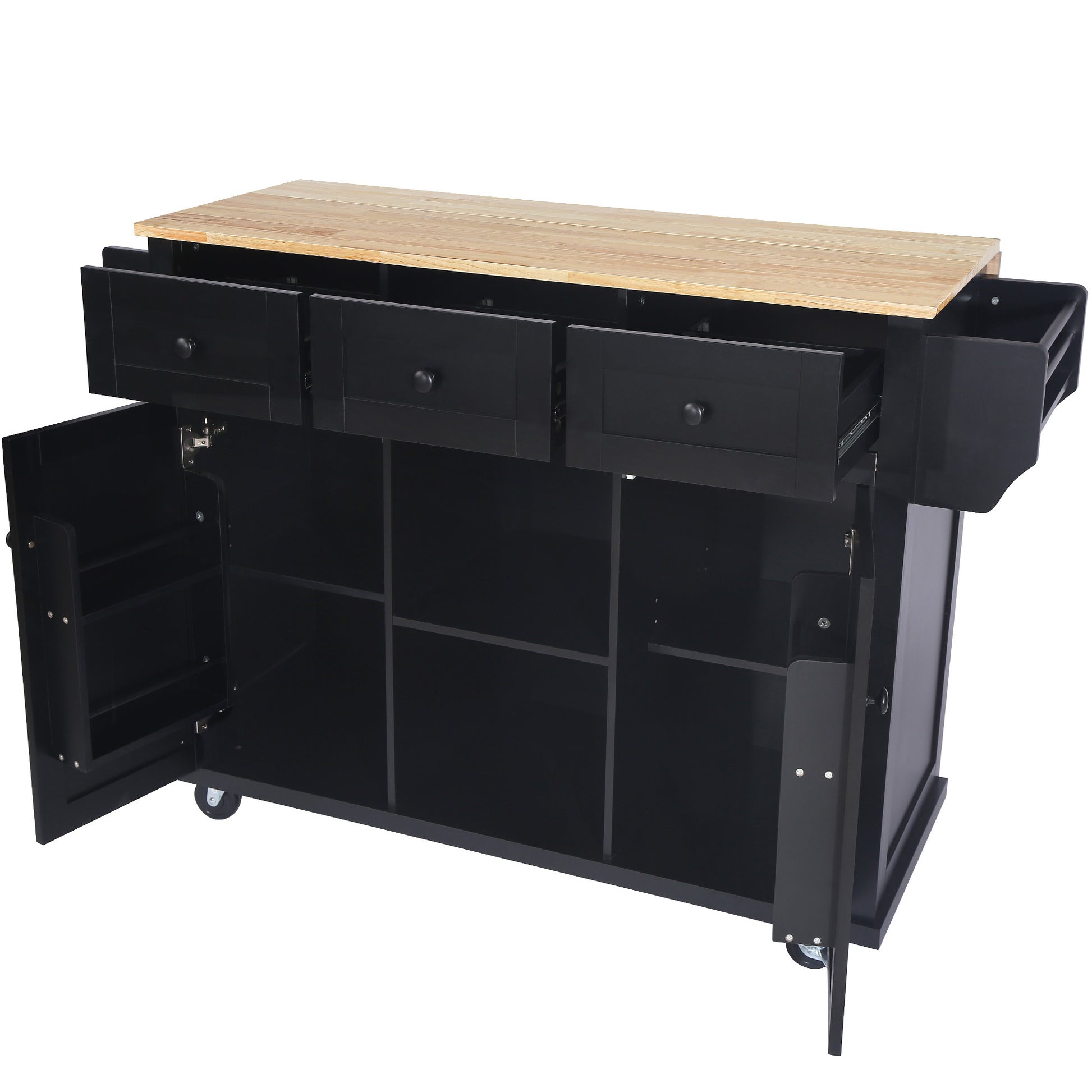 Kitchen Cart with Rubber wood Drop Leaf Countertop black-mdf