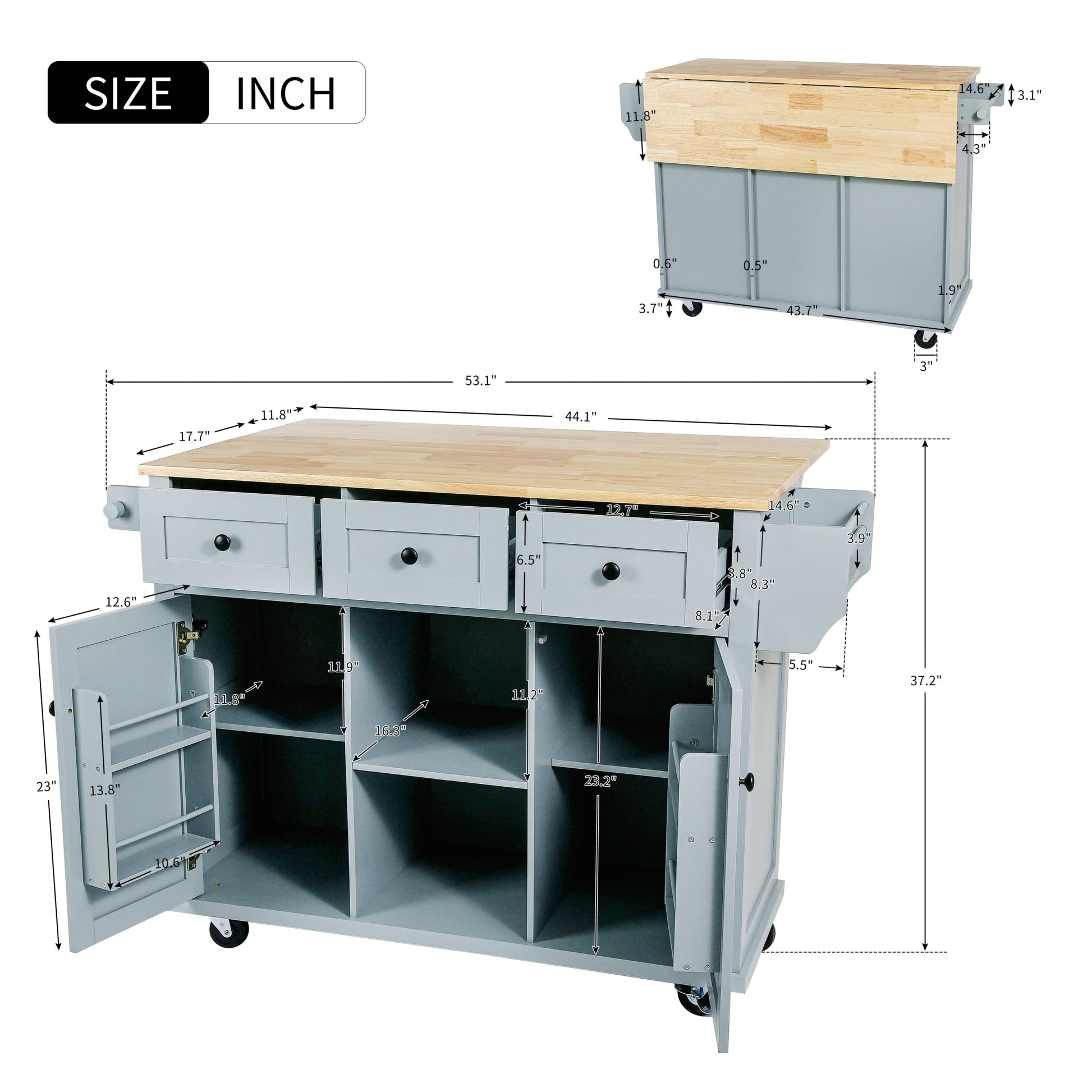 Kitchen Cart with Rubber wood Drop Leaf Countertop blue-mdf