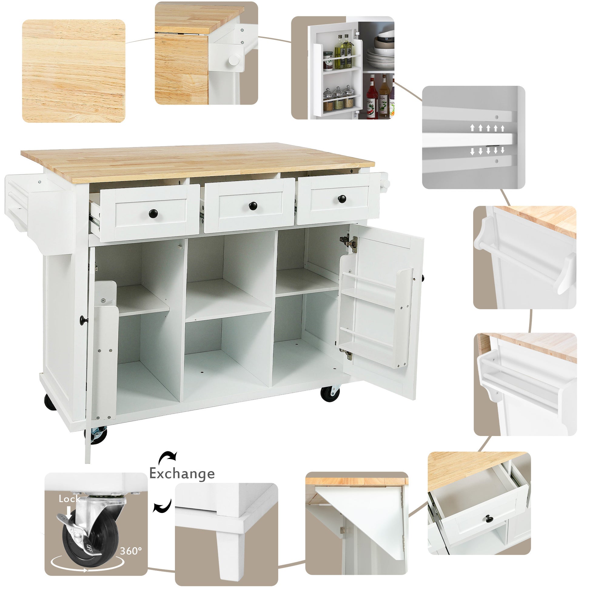 Kitchen Cart with Rubber wood Drop Leaf Countertop white-mdf