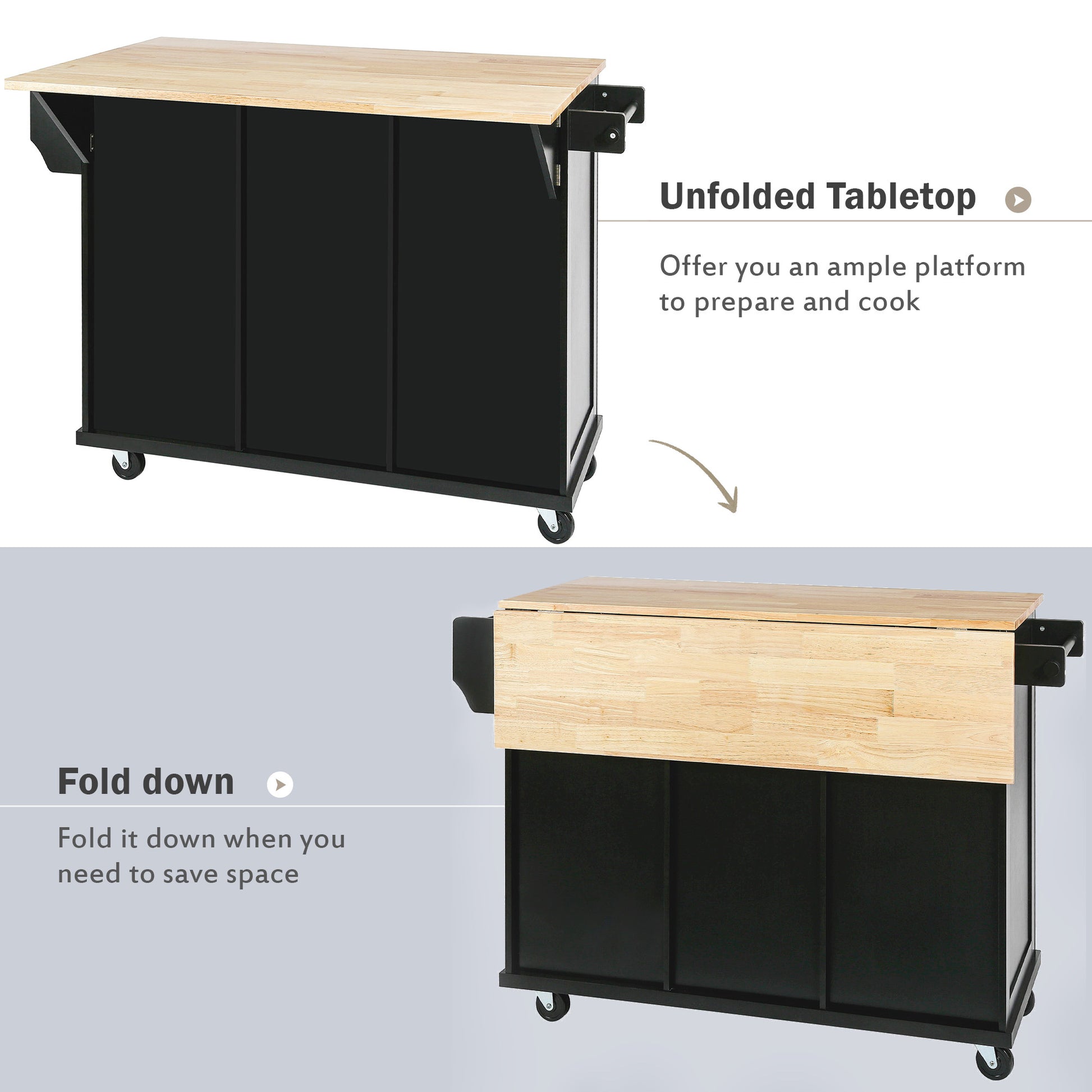 Kitchen Cart with Rubber wood Drop Leaf Countertop black-mdf