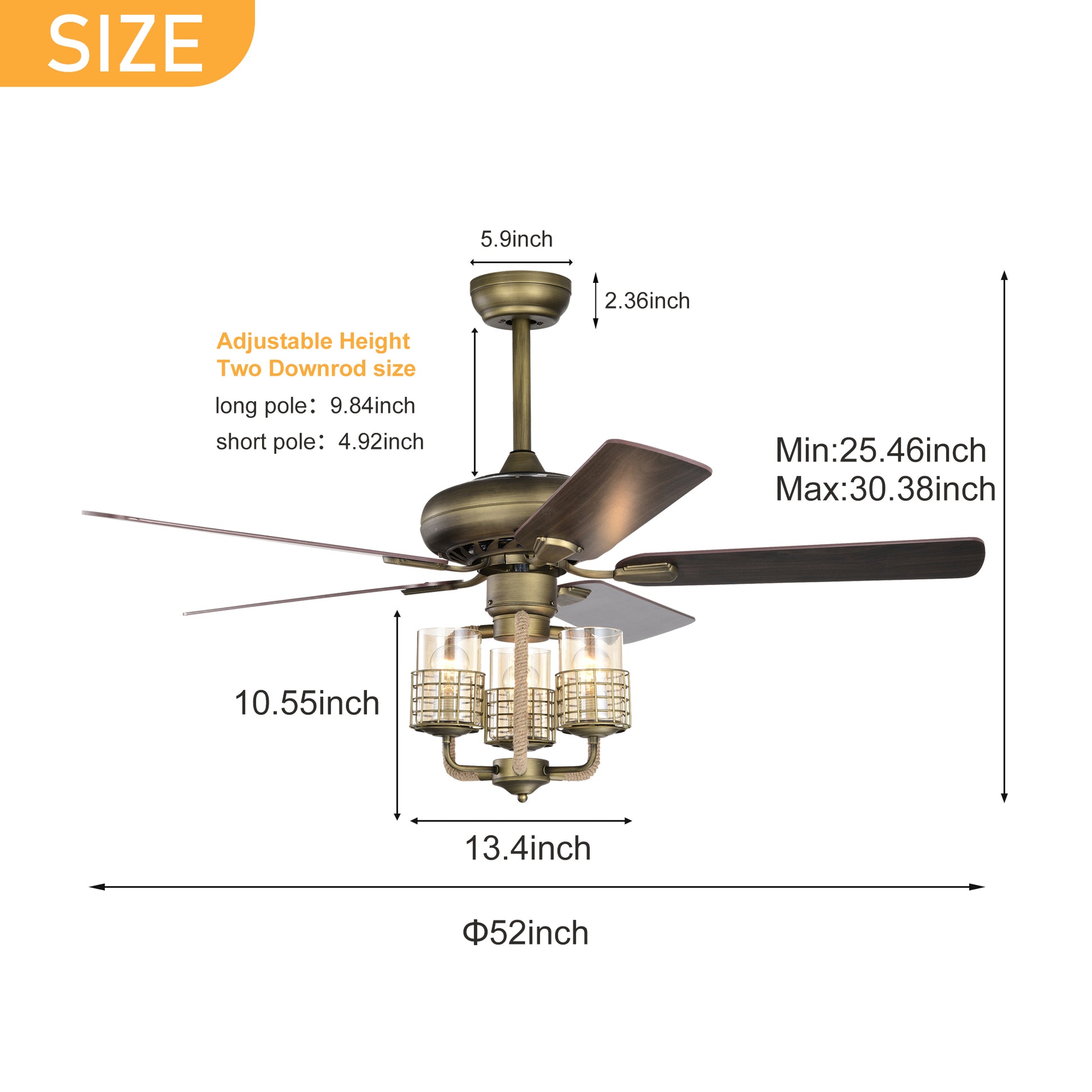 Video 52inch Bronze Metal 3 Lights Ceiling Fan