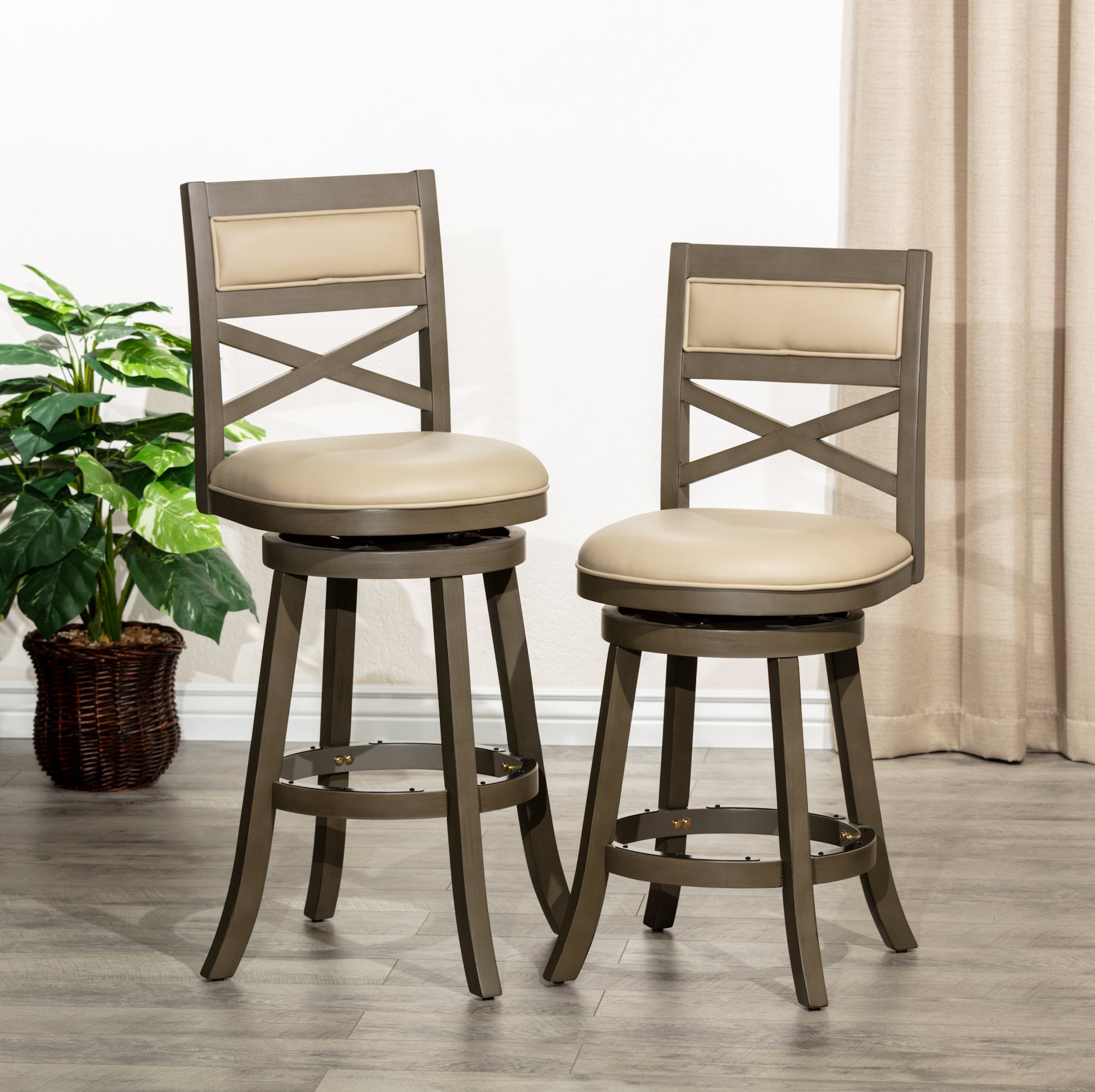 30" Bar Height X Back Swivel Stool, Weathered Gray gray-bonded leather