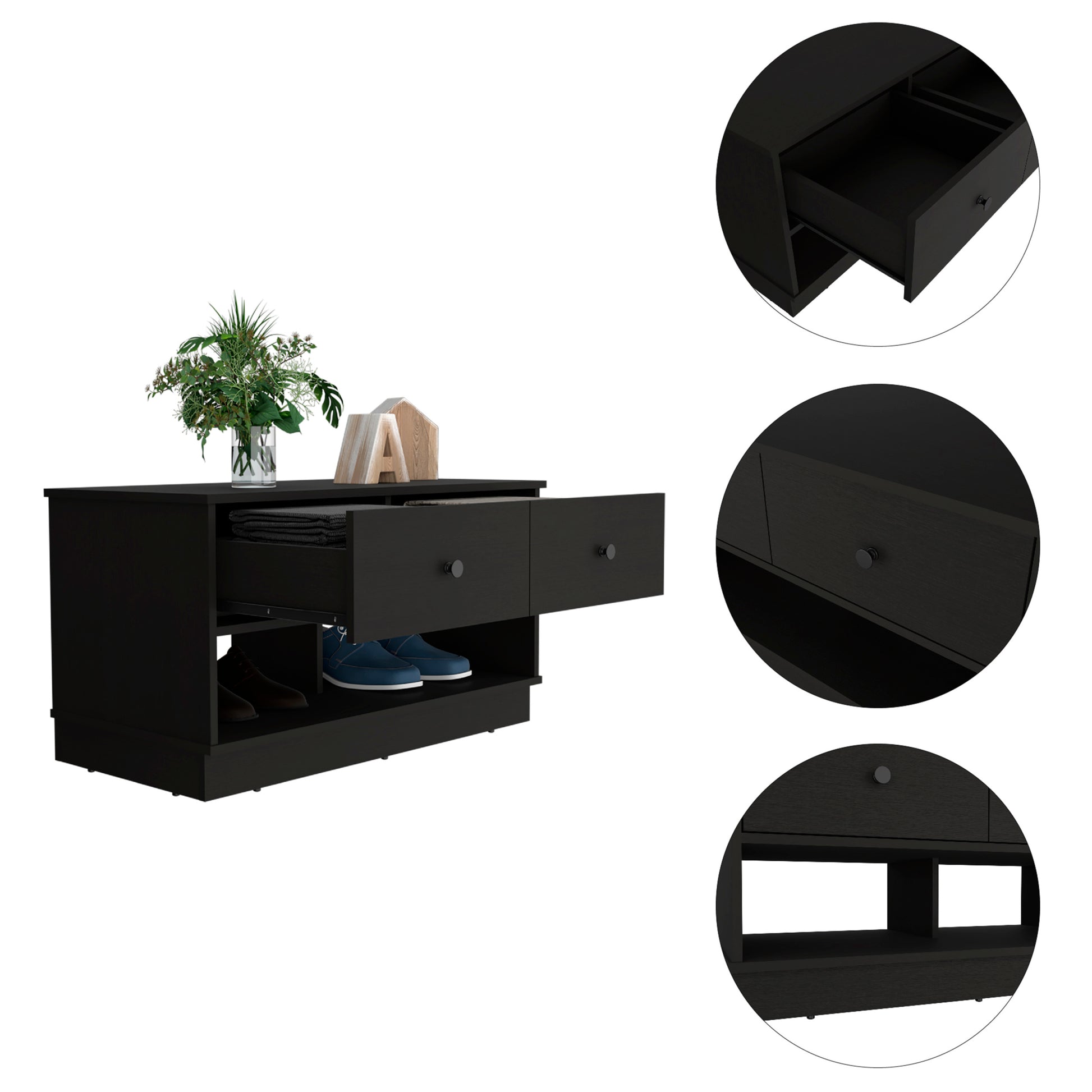 Willamette Rectangle 2 Shelf 2 Drawer Storage Bench black-particle board