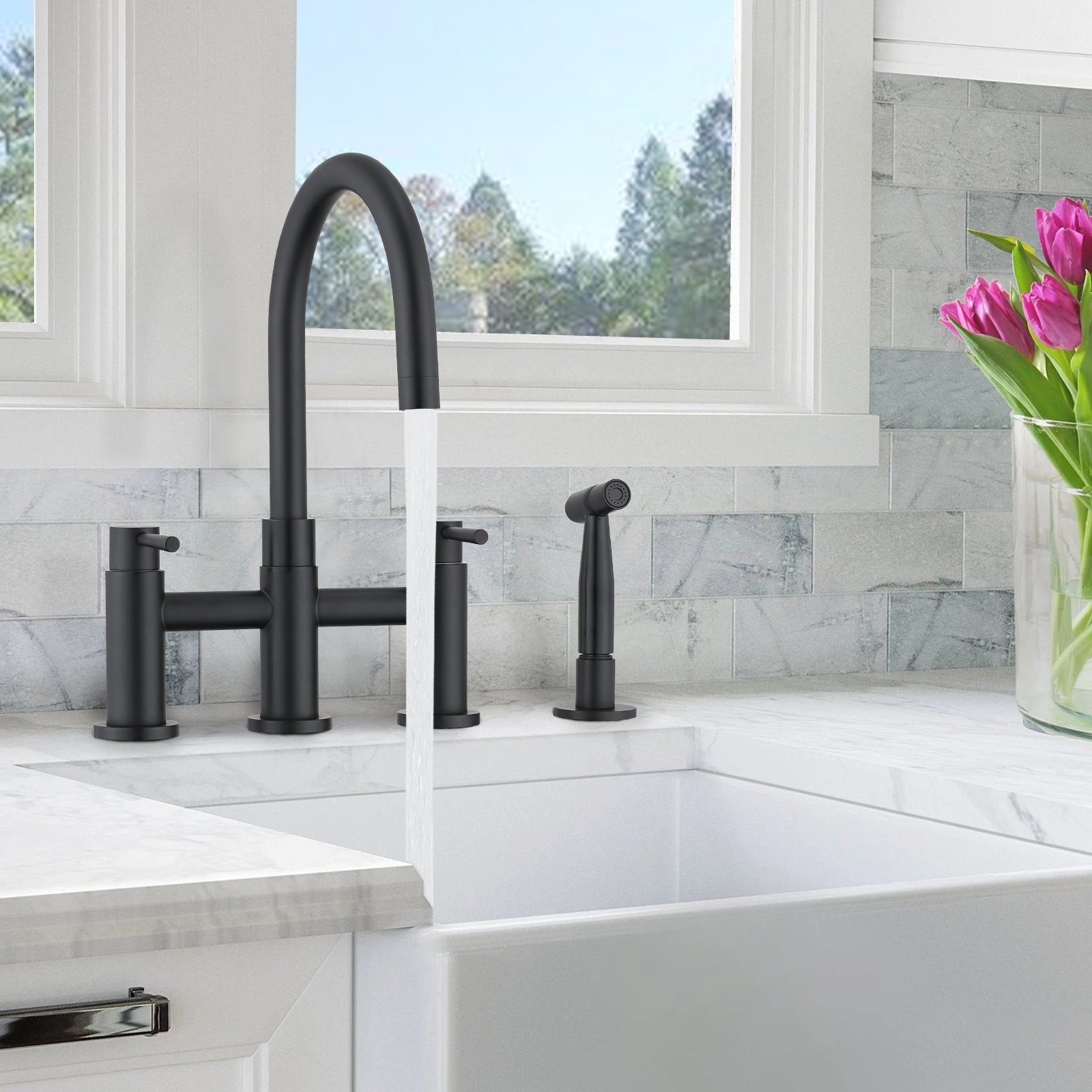 Double Handle Bridge Kitchen Faucet with Side Spray matte black-stainless steel