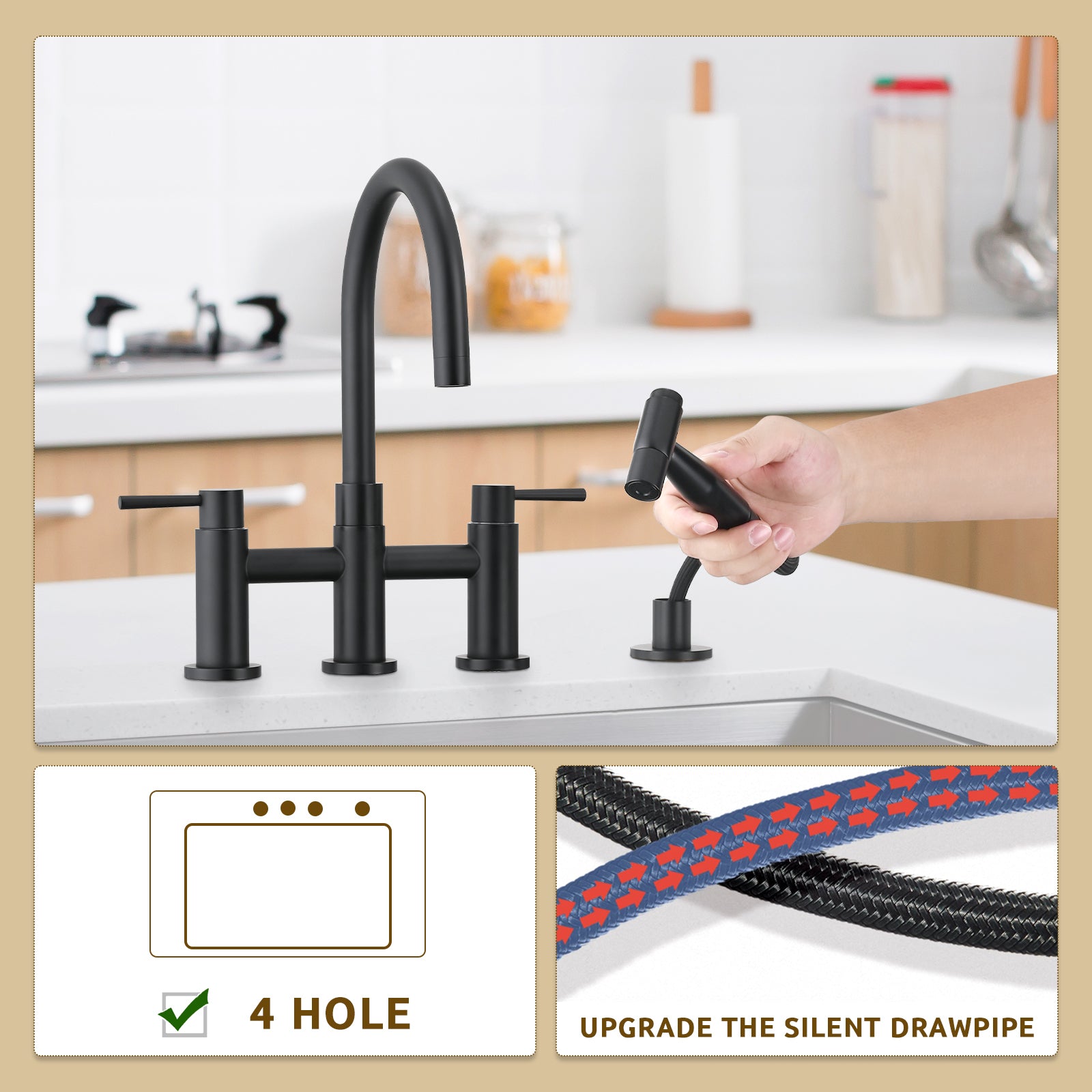 Double Handle Bridge Kitchen Faucet with Side Spray matte black-stainless steel