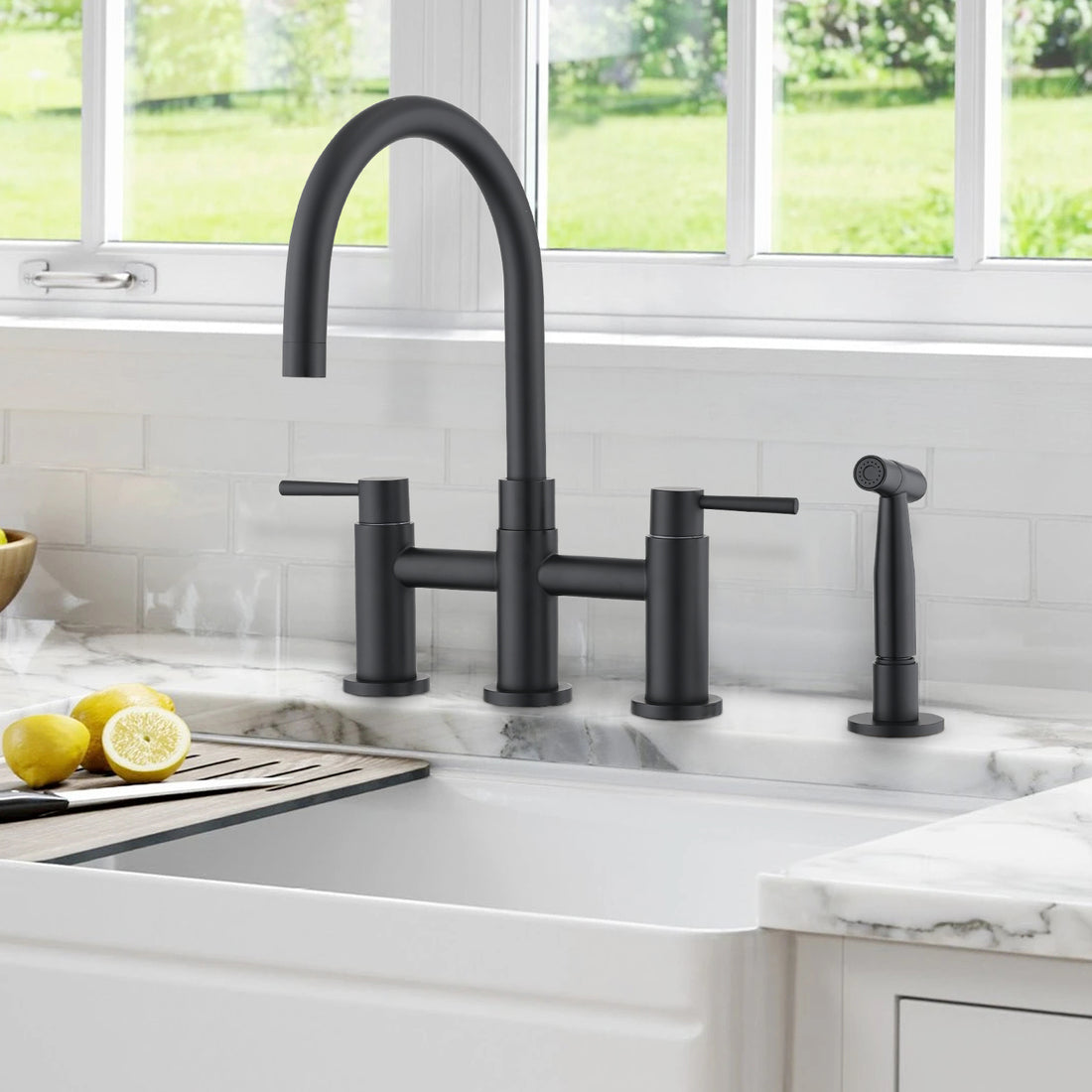 Double Handle Bridge Kitchen Faucet with Side Spray brushed gold-stainless steel