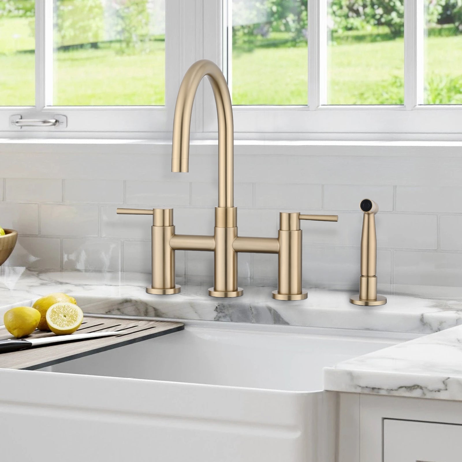 Double Handle Bridge Kitchen Faucet with Side Spray brushed gold-stainless steel