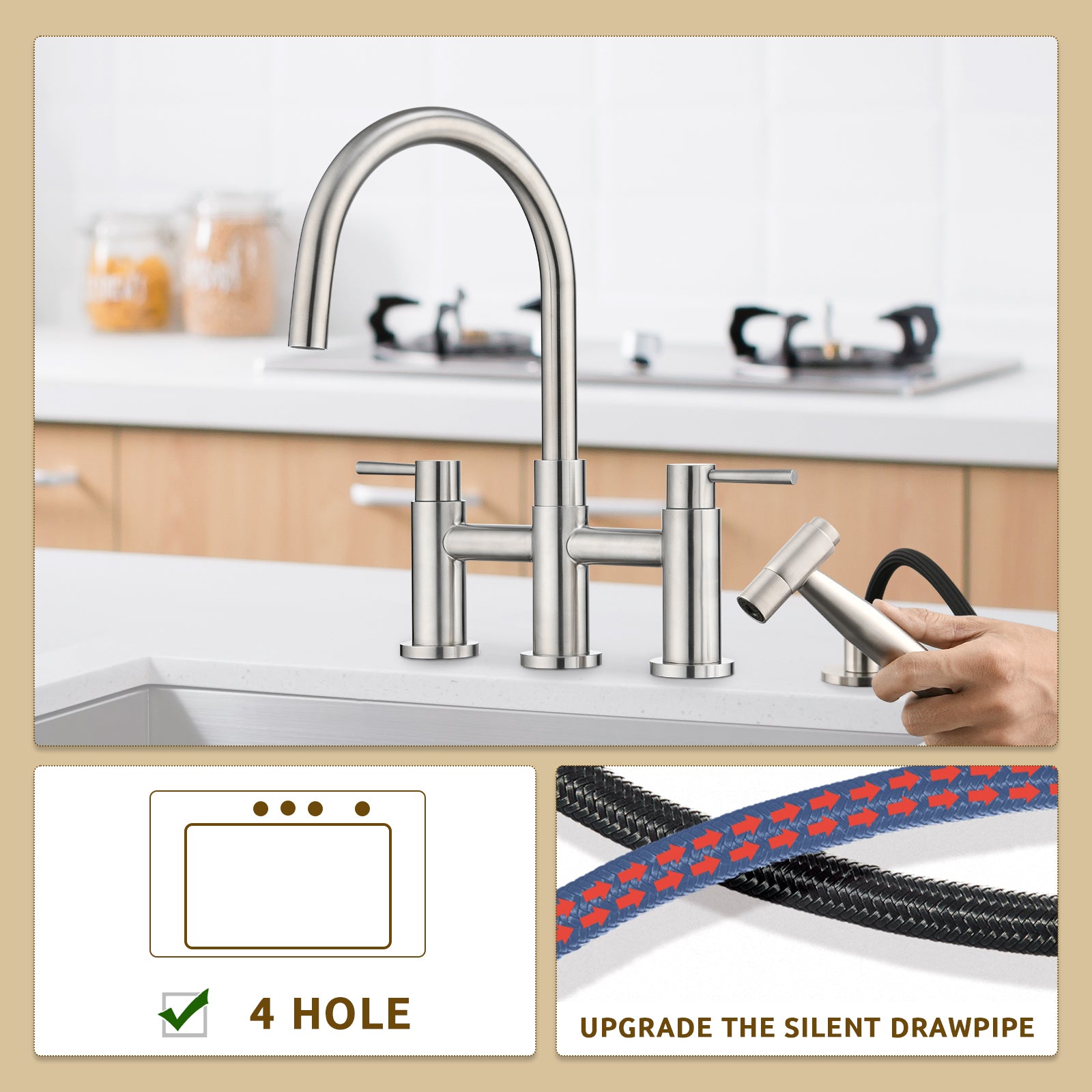 Double Handle Bridge Kitchen Faucet with Side Spray brushed nickel-stainless steel